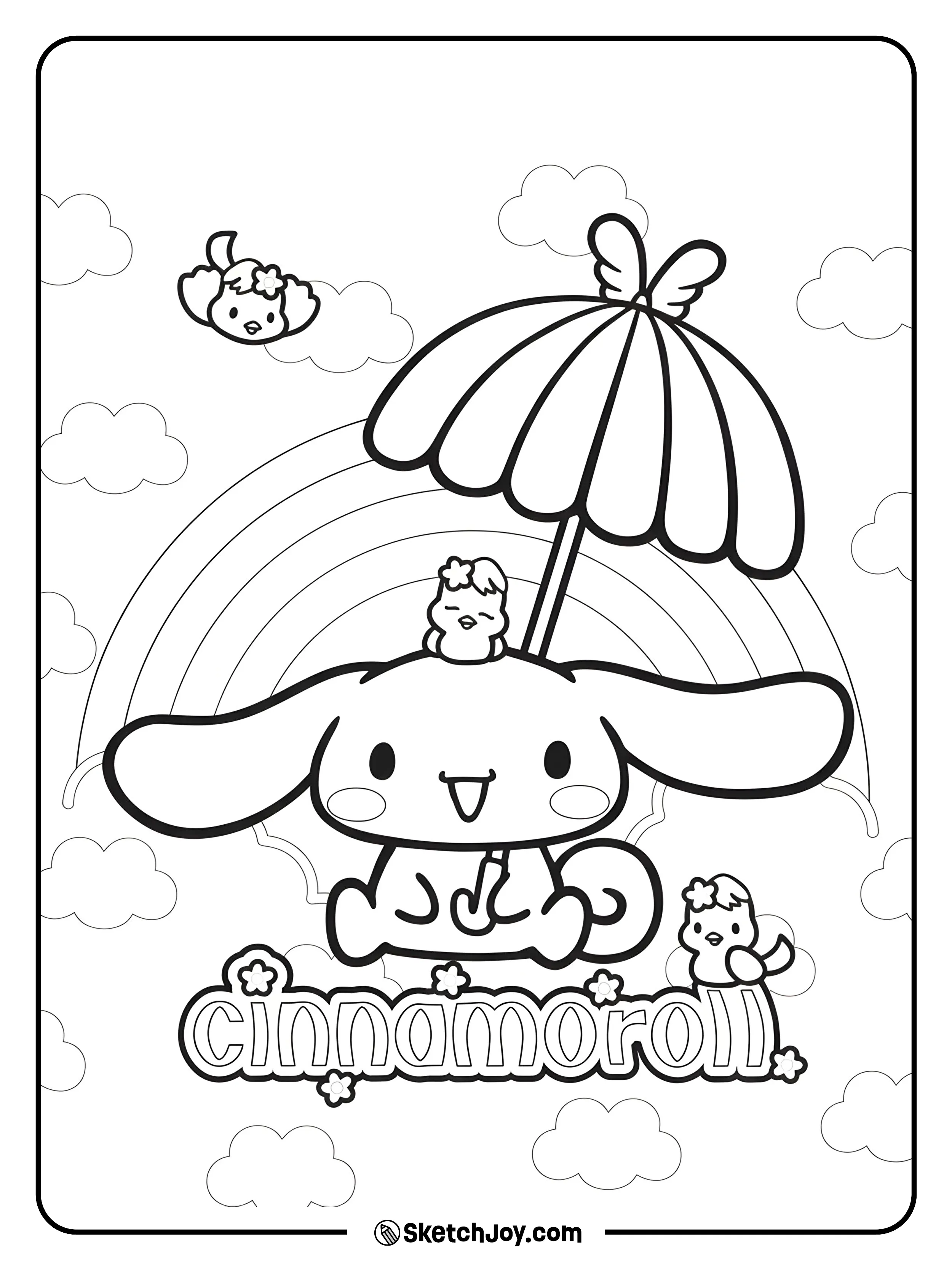 Cinnamoroll sits holding a scalloped umbrella