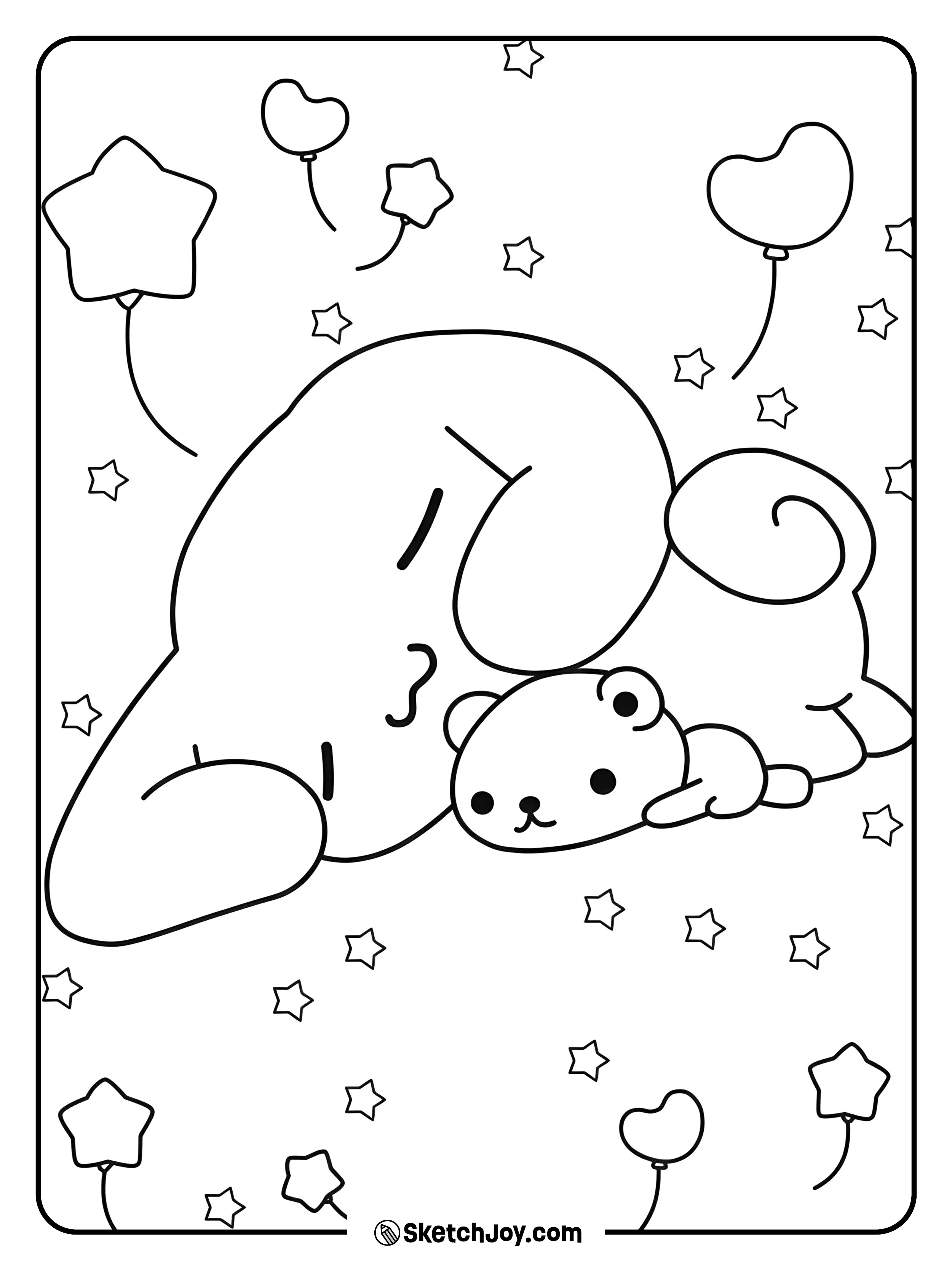 Cinnamoroll naps curled up with a tiny teddy under a calm night accent.