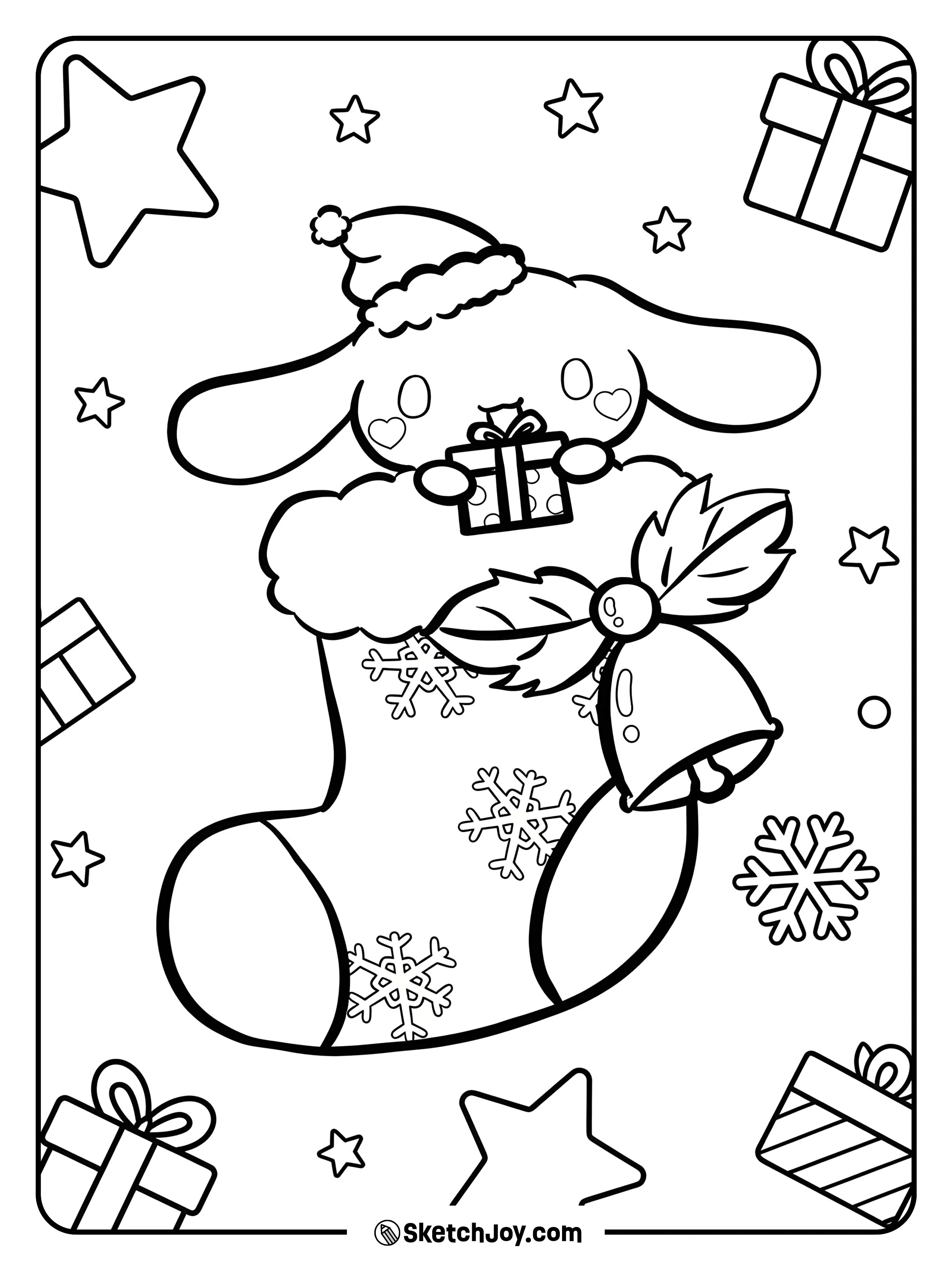 Cinnamoroll in a Santa hat peeks from a Christmas stocking with a tiny present.