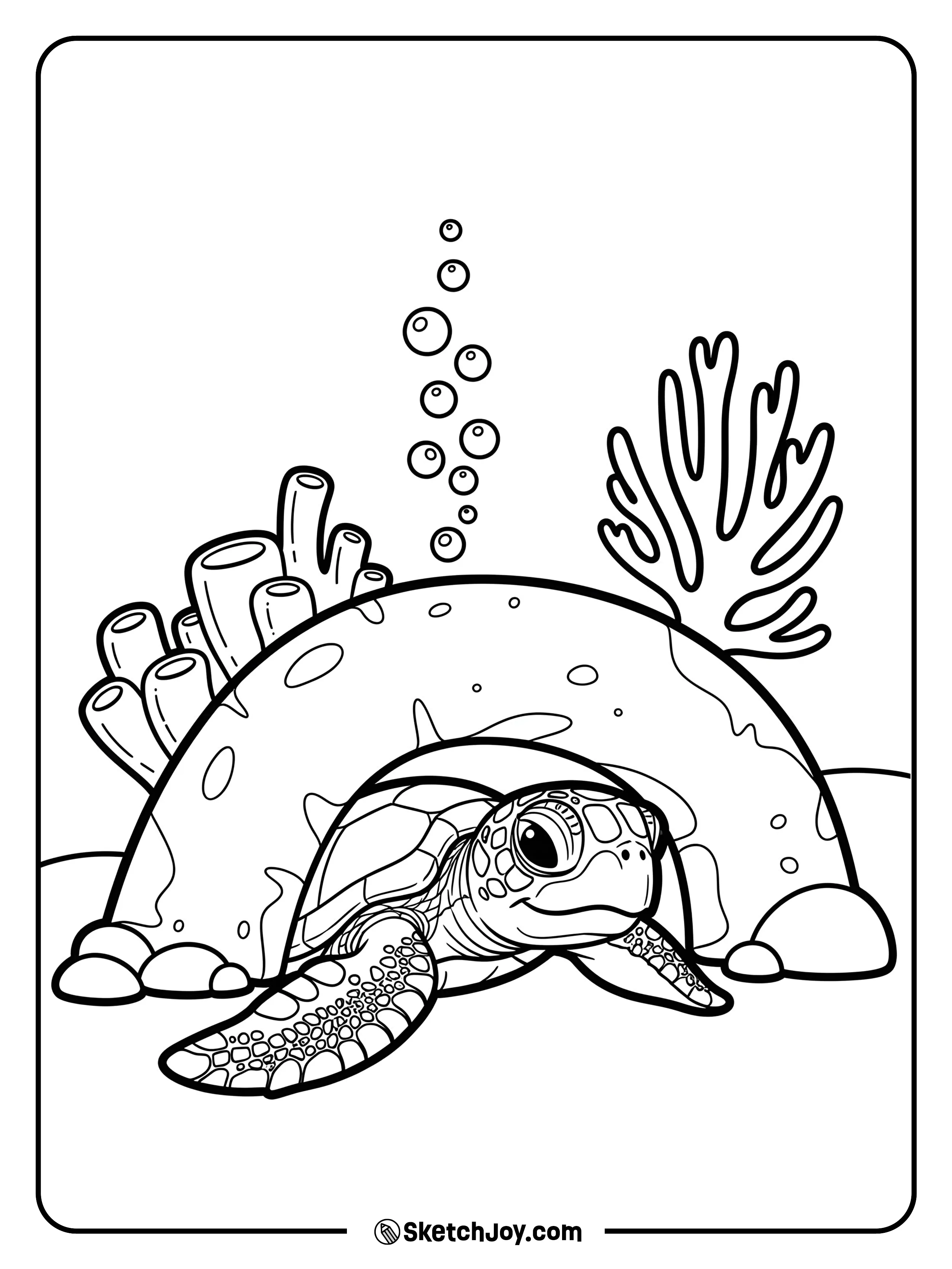 A playful turtle peeks out from a small coral arch.