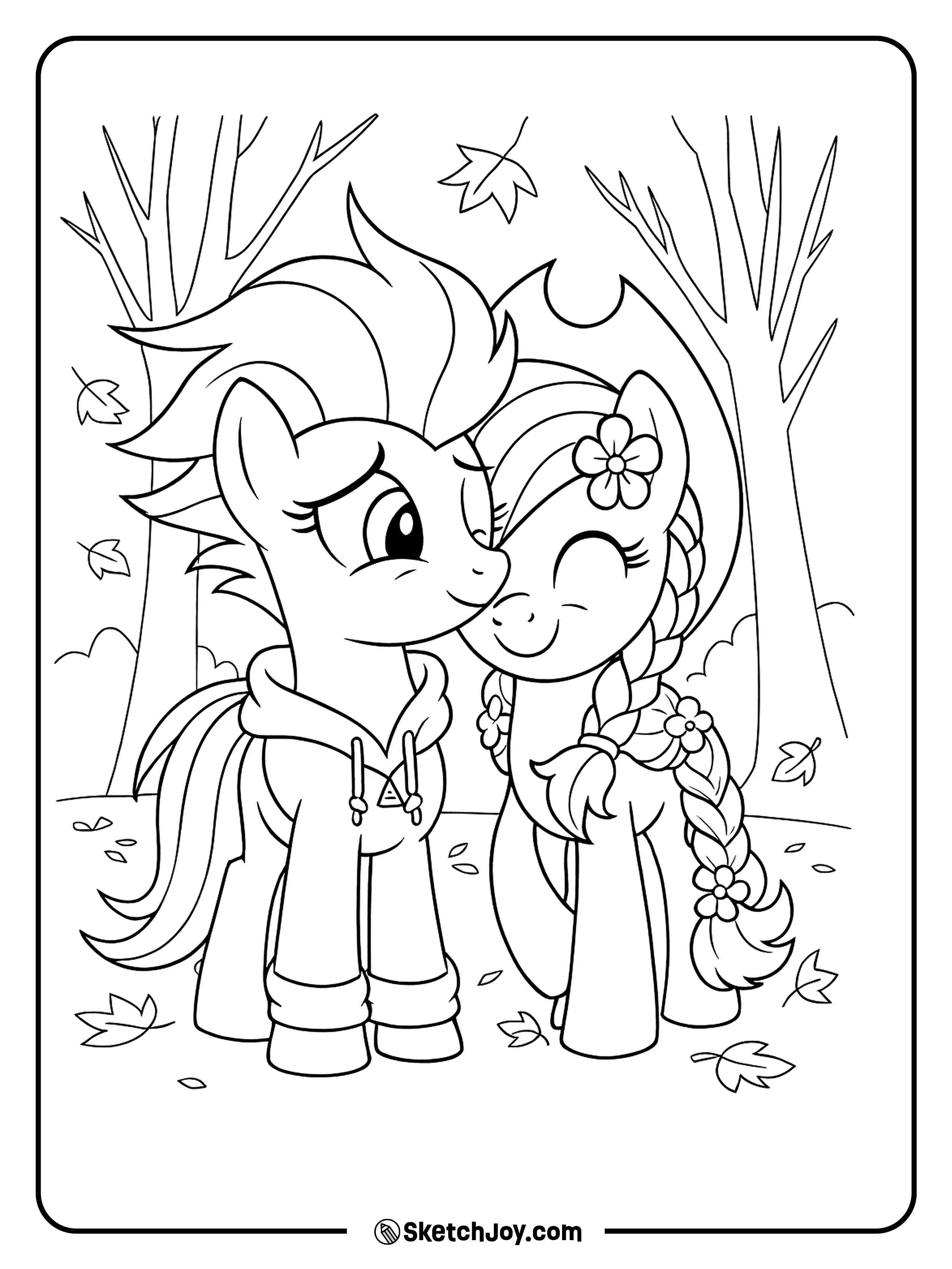 Two pony friends share a sweet nose nuzzle on a leafy fall day.