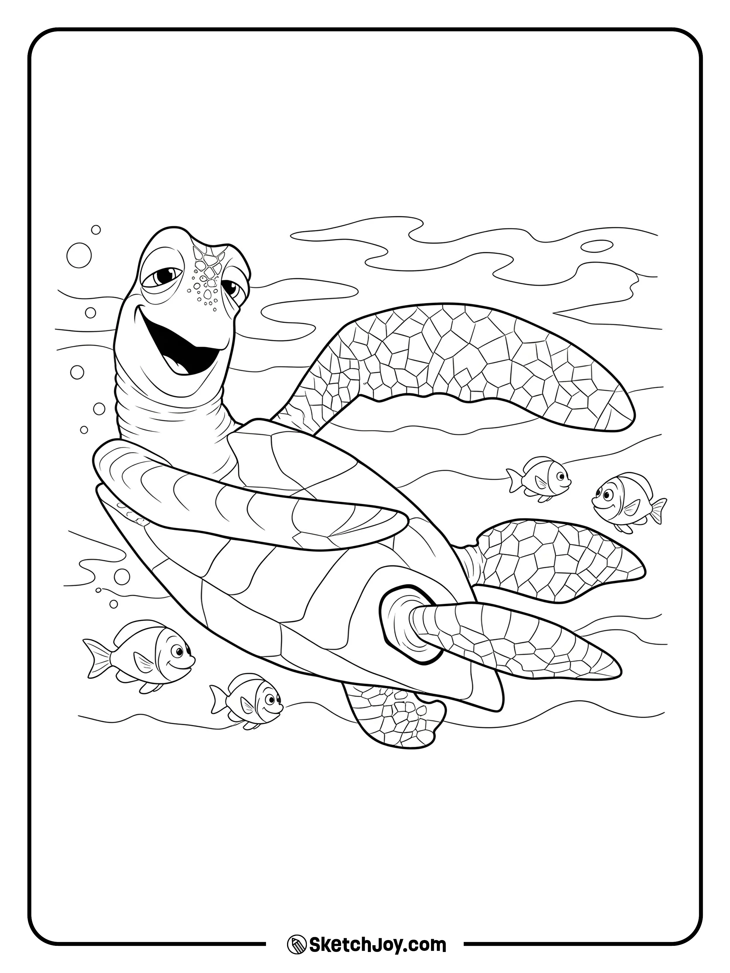 Crush turtle grins as it rides a smooth ocean current