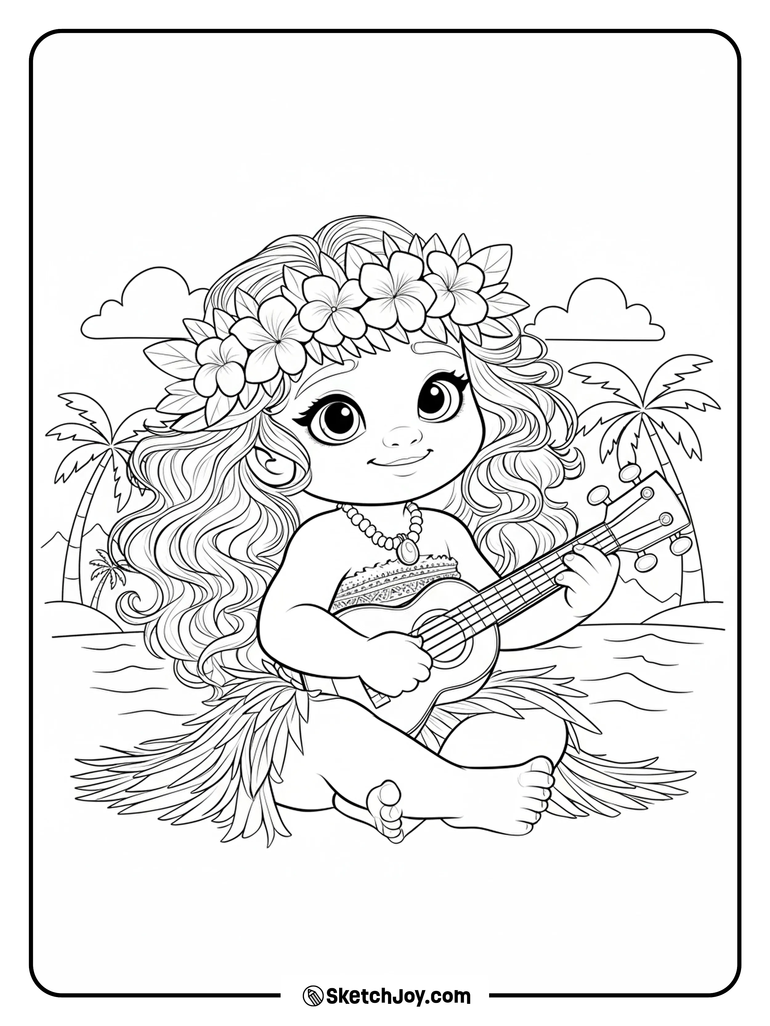 A cute, big-eyed baby Moana with a flower crown strums a tiny ukulele