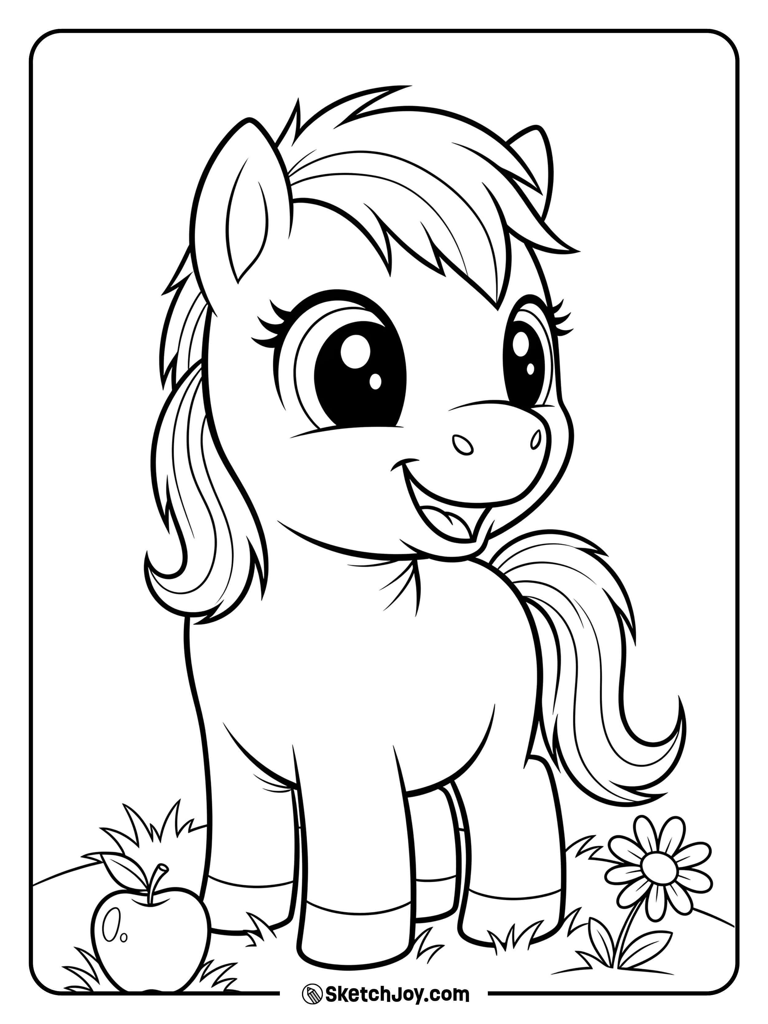 A small pony posing calmly for young colorers.