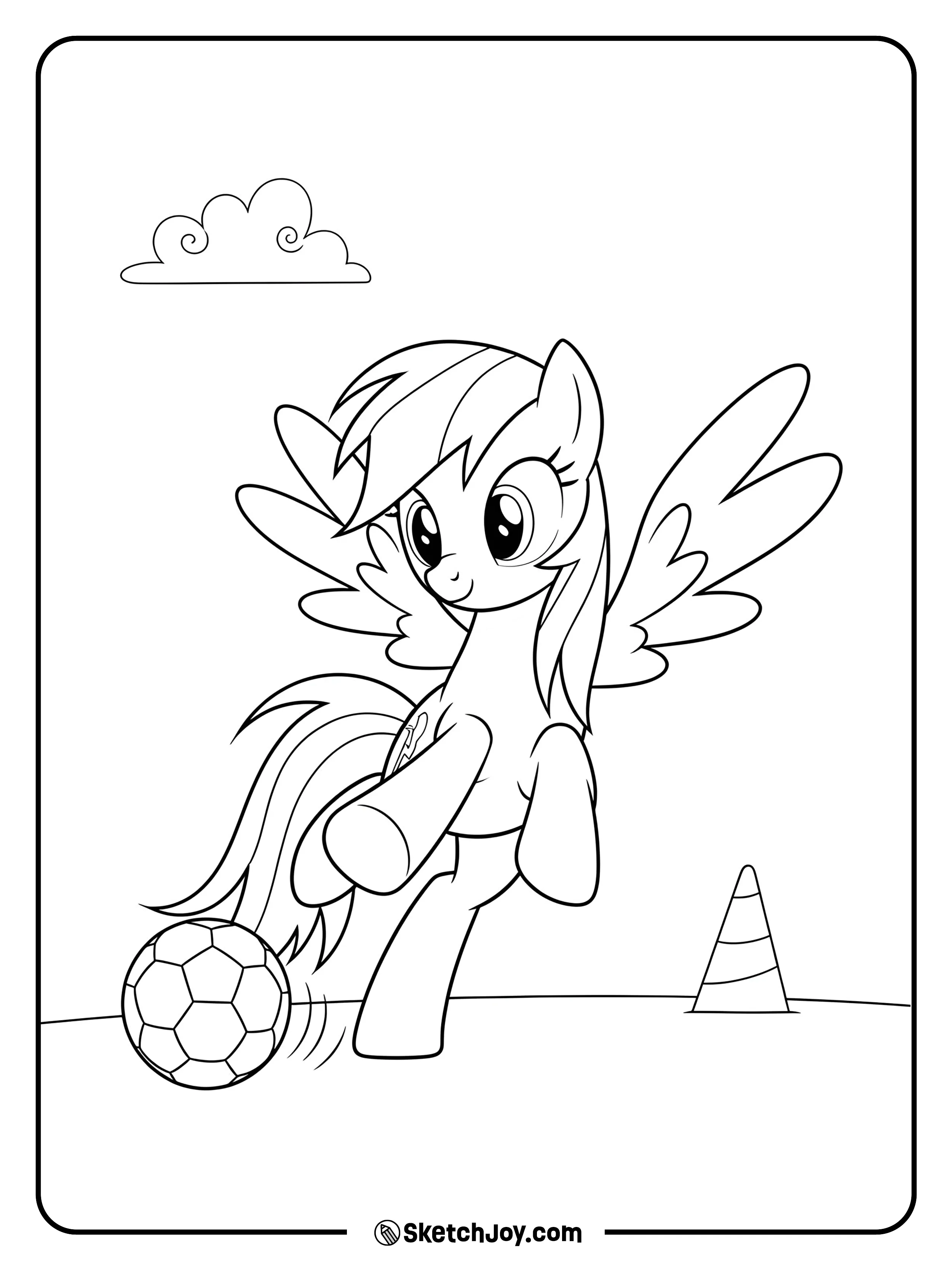 Rainbow Dash gives a playful kick to a ball.