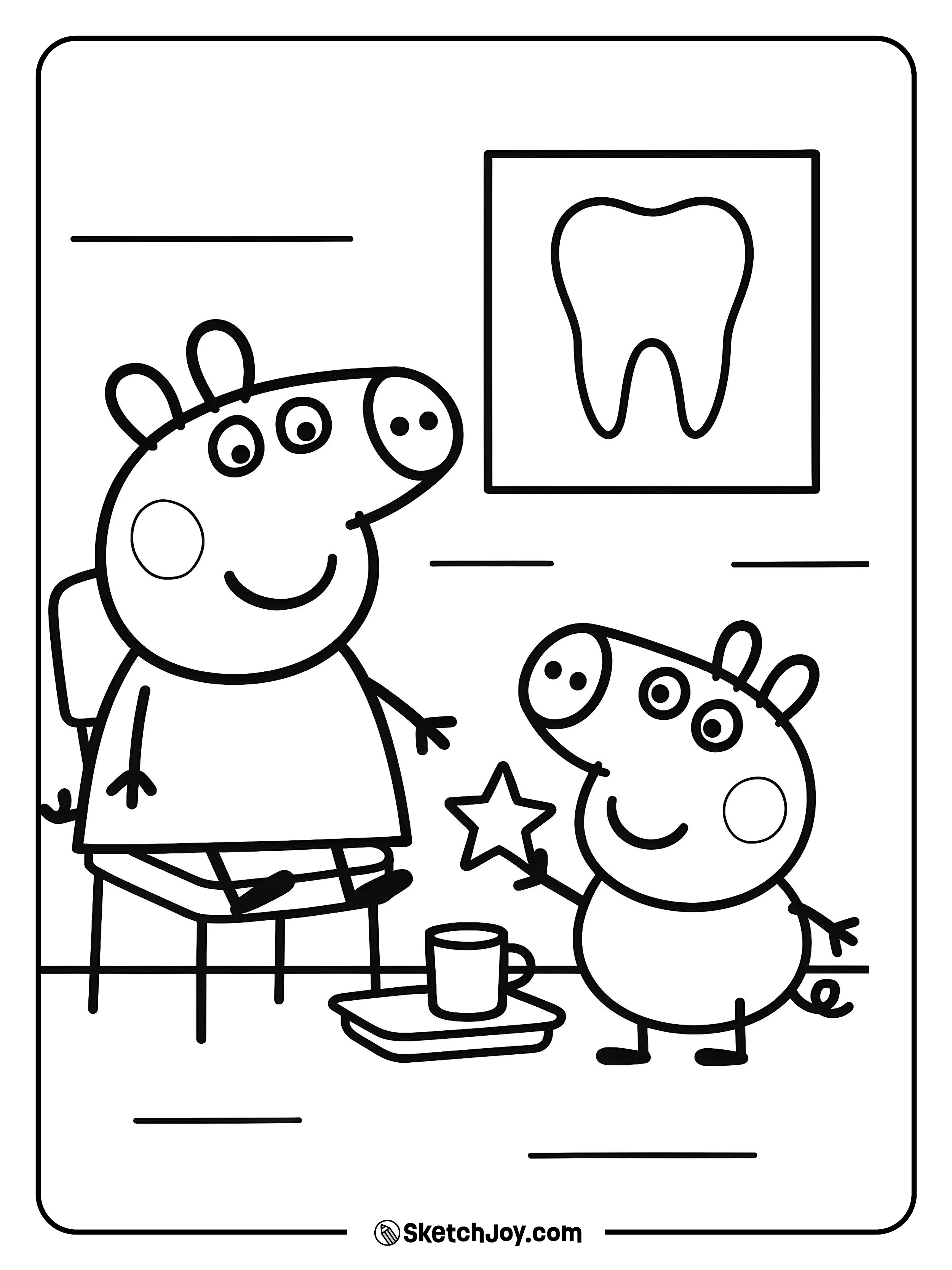 Peppa opens wide as the friendly dentist shows a tooth poster