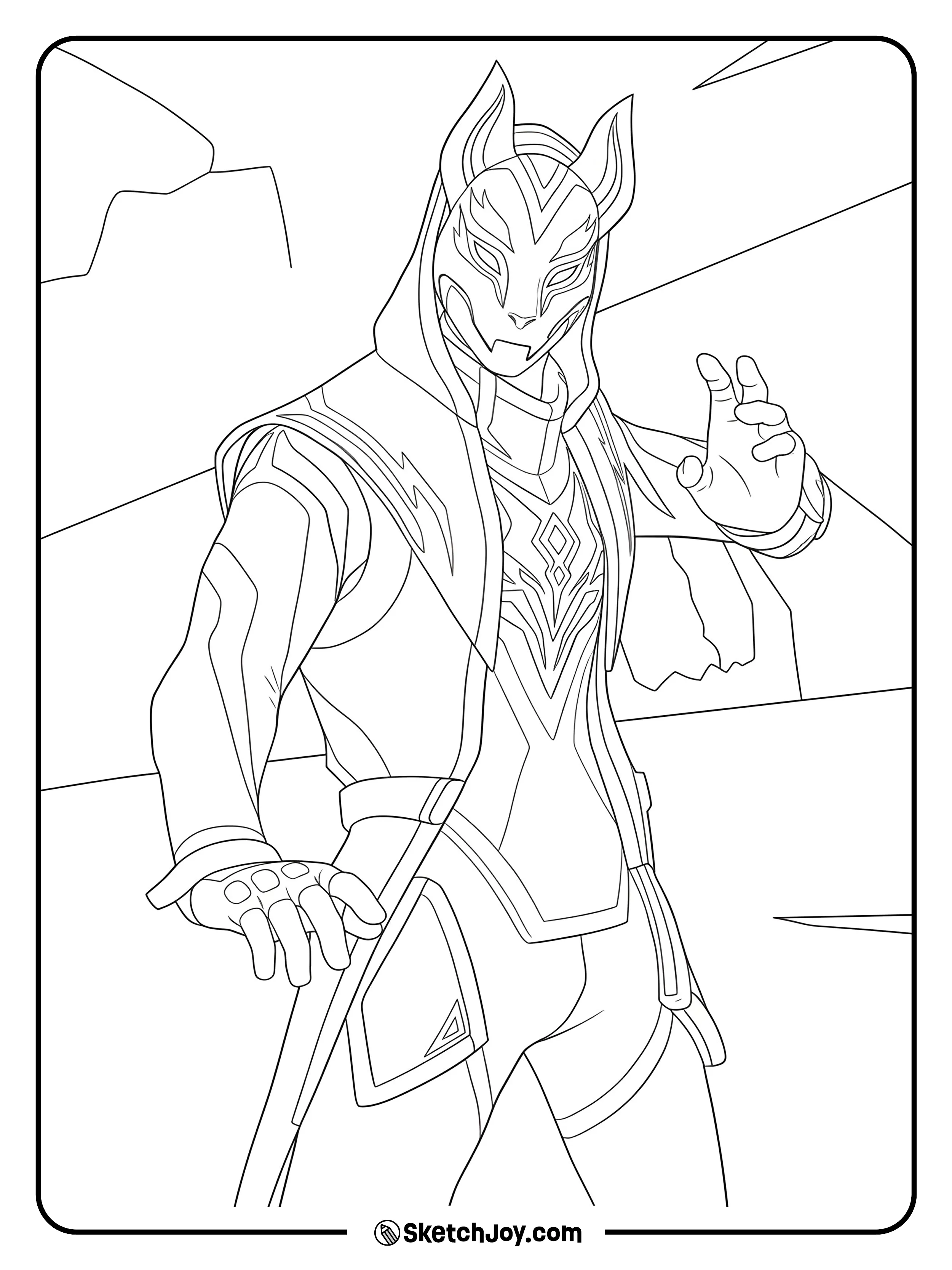he fox-mask legend poses as sharp rift beams cut across a rocky canyon.