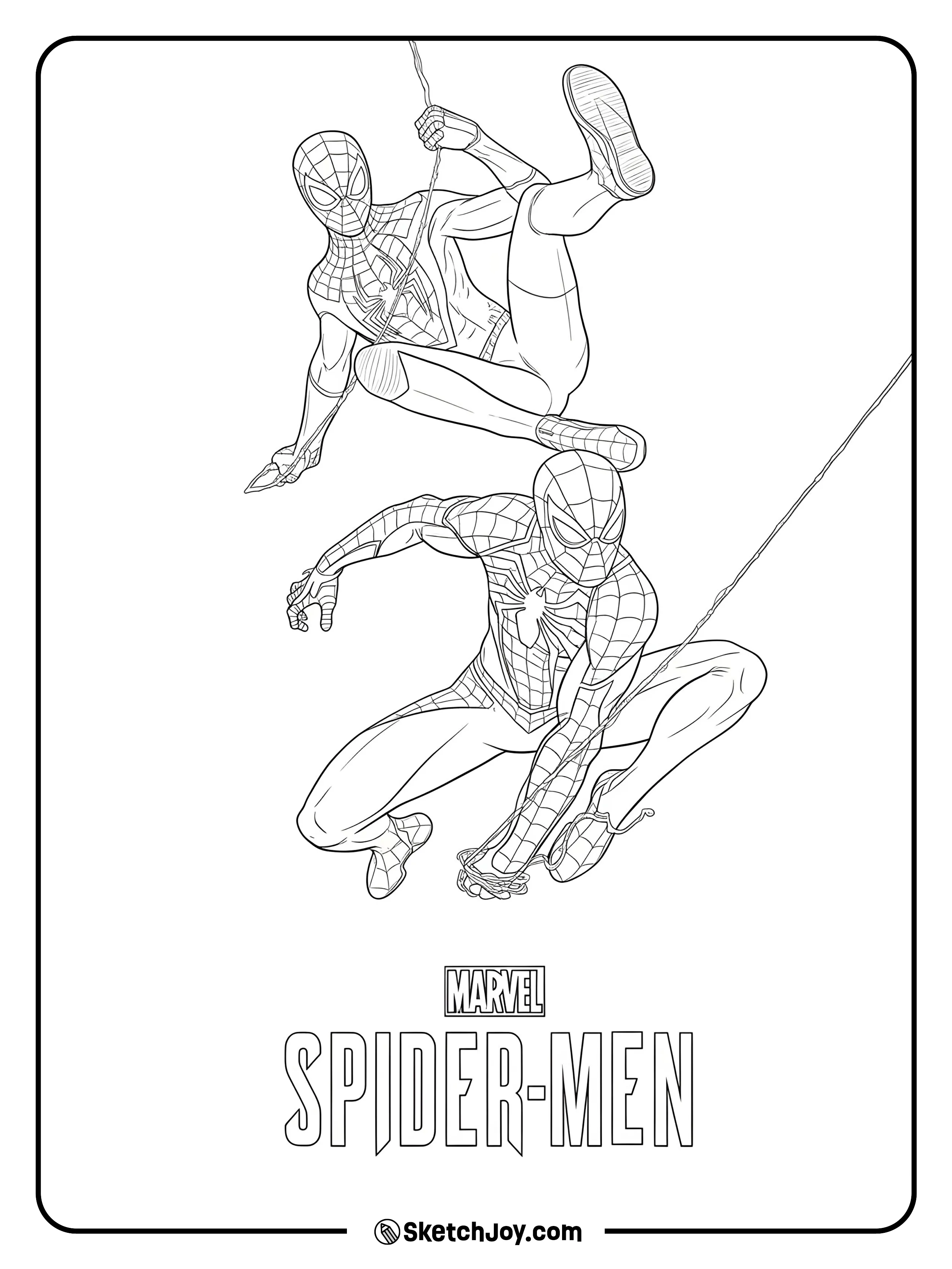 Two Spider-Men in motion, swinging and landing side by side