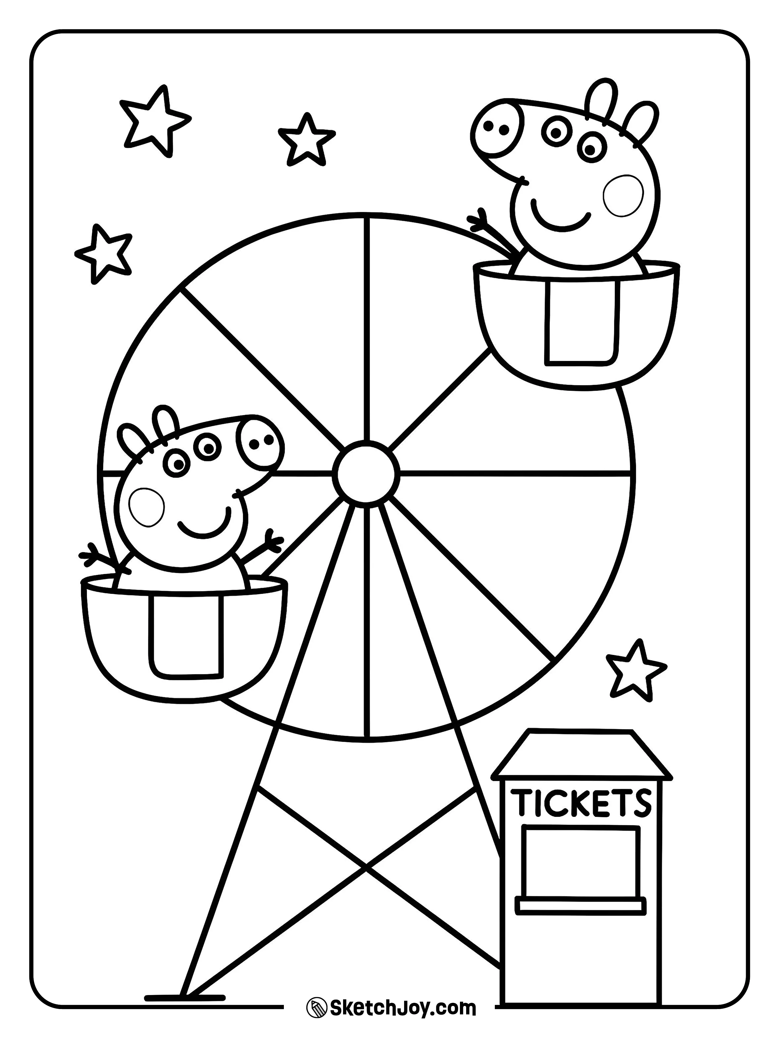 The Pig family rides gentle cabins while stars twinkle above.