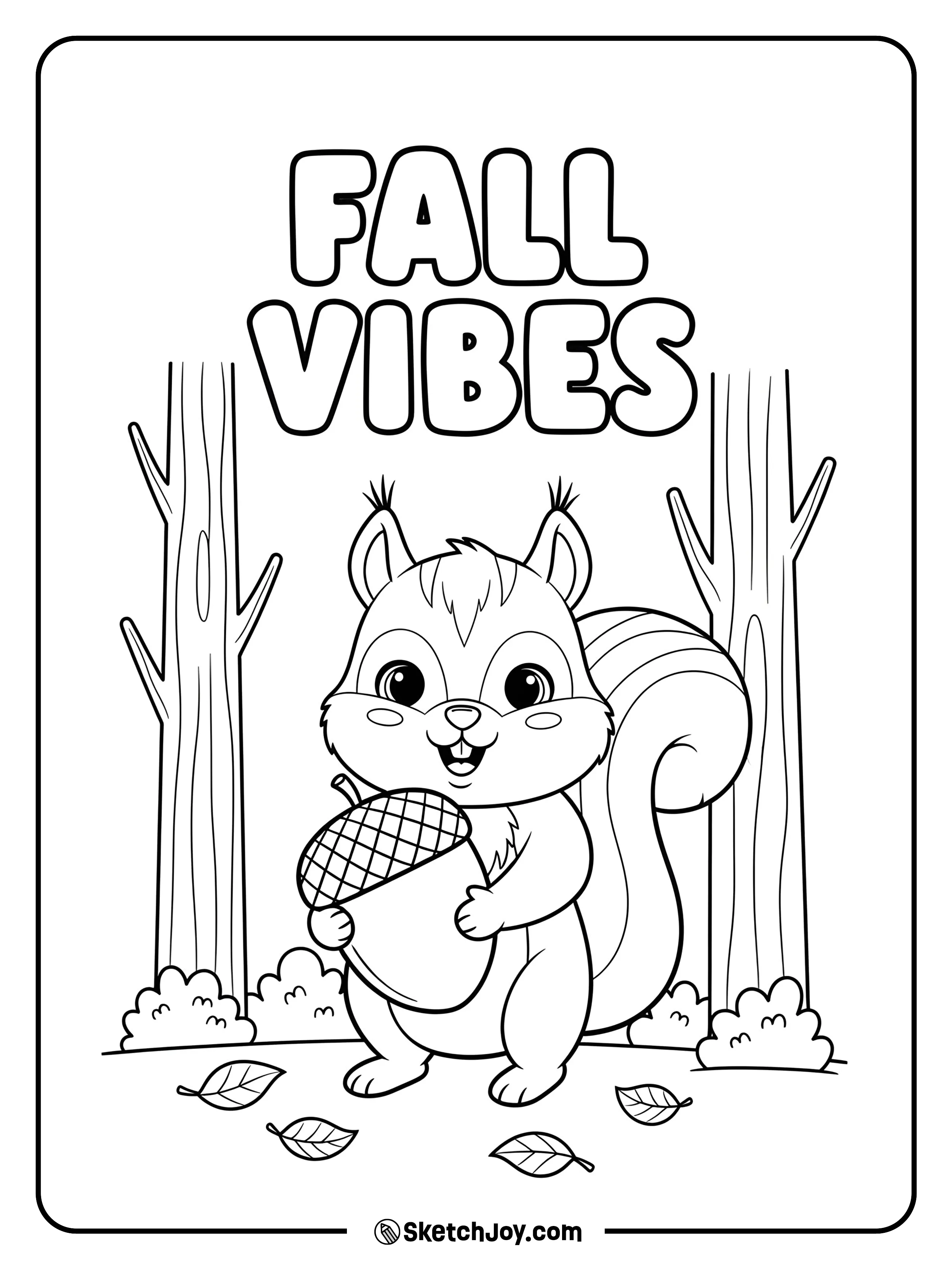 A cute squirrel clutches a big acorn while leaves drift around.