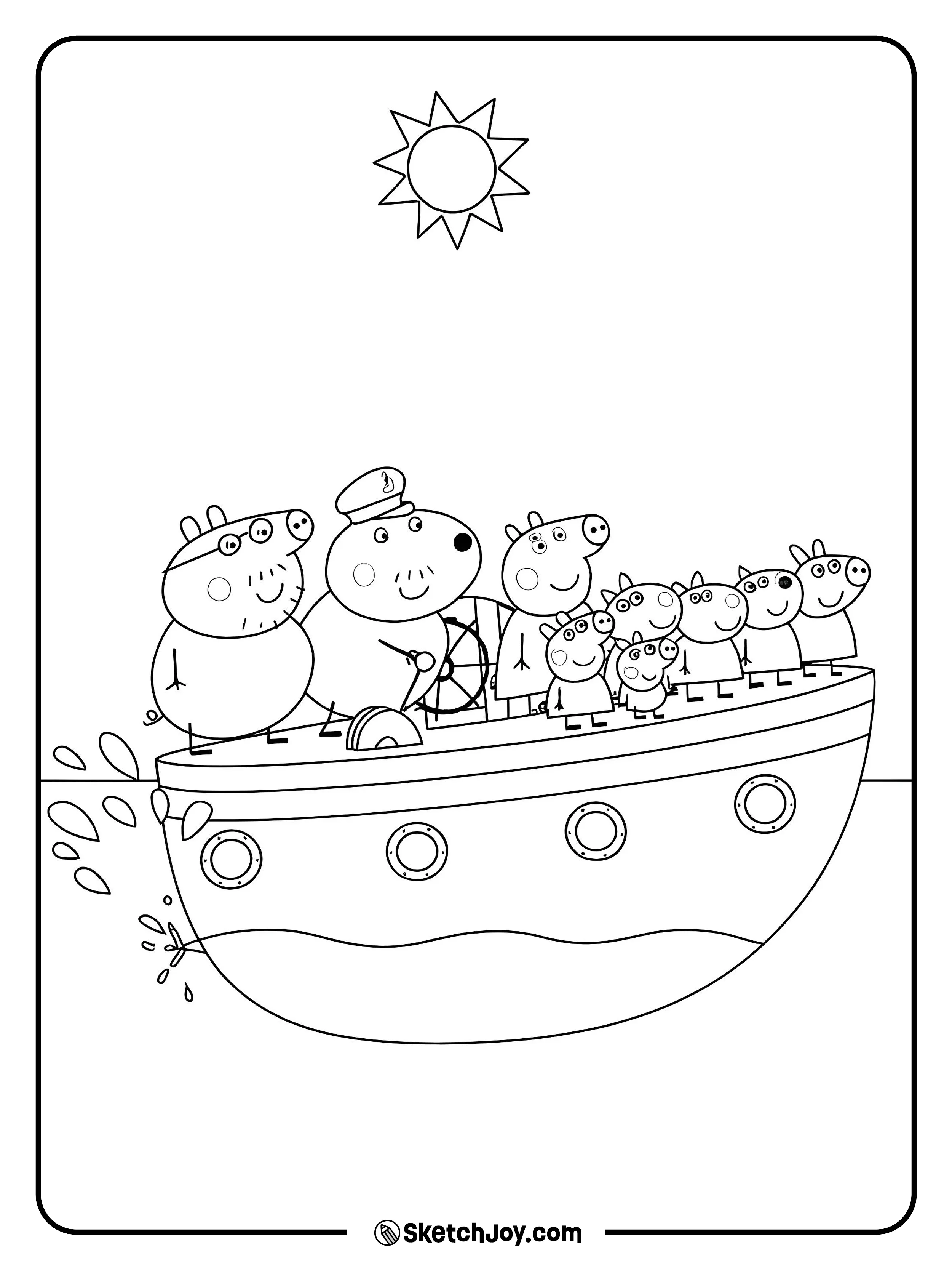 Peppa, George, and friends ride along the river while a friendly dog captain steers the boat