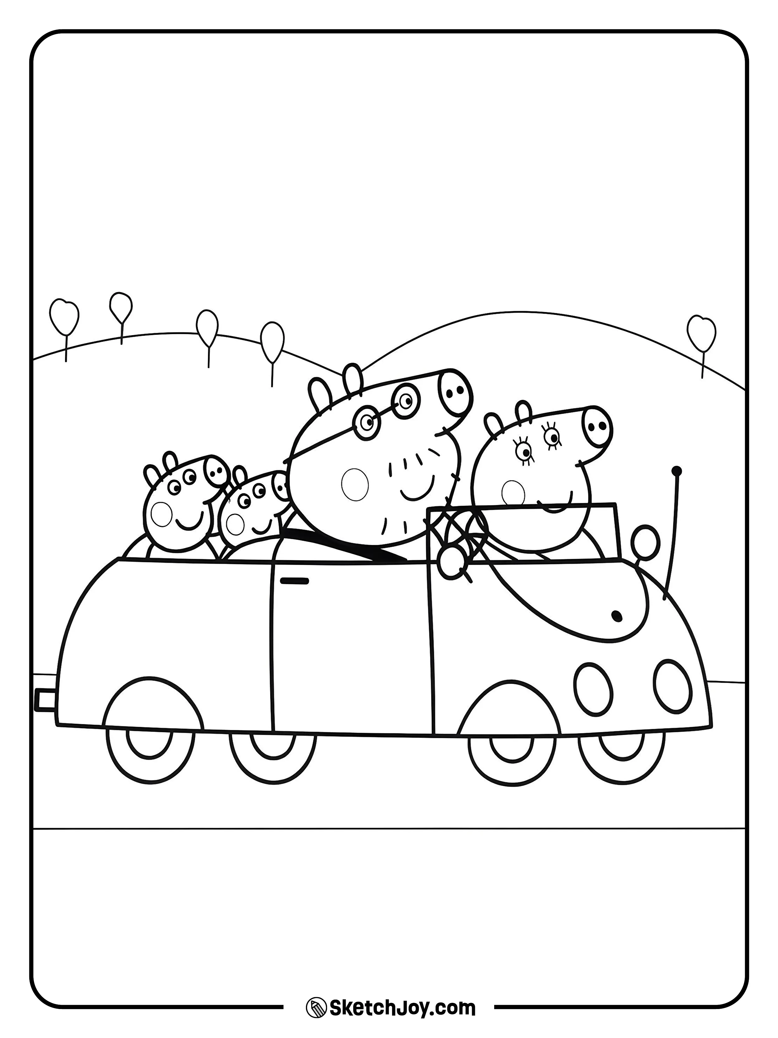 Peppa, George, Mummy Pig, and Daddy Pig sing together in the family car