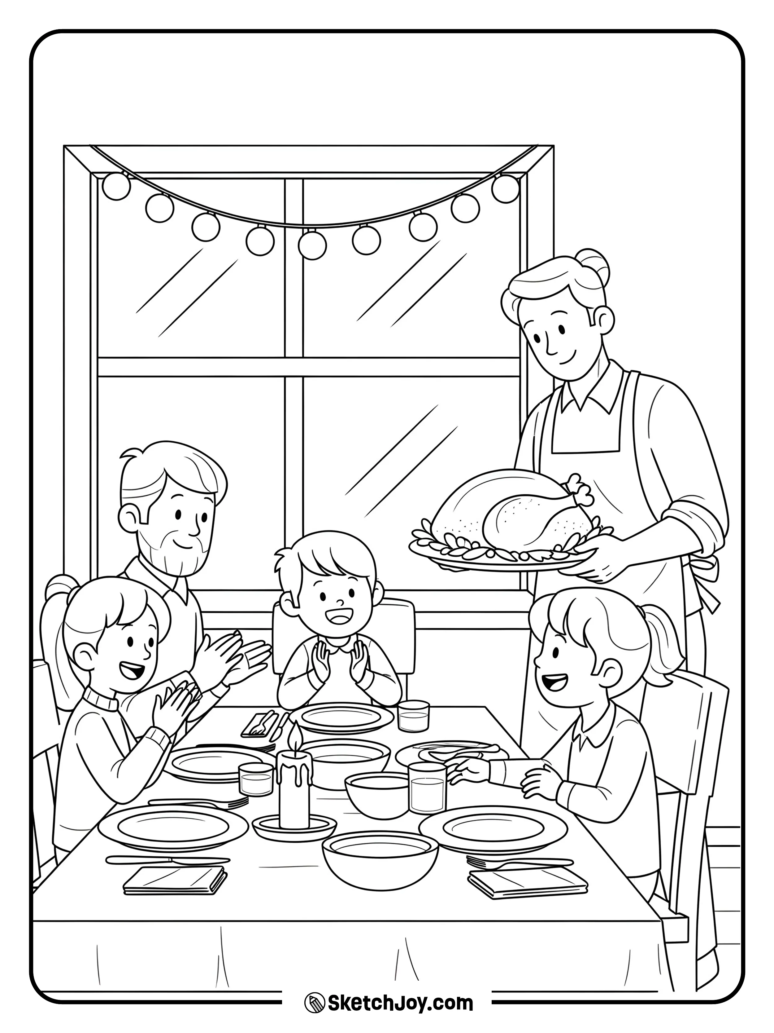 An adult carries a roasted turkey to a cozy dinner table