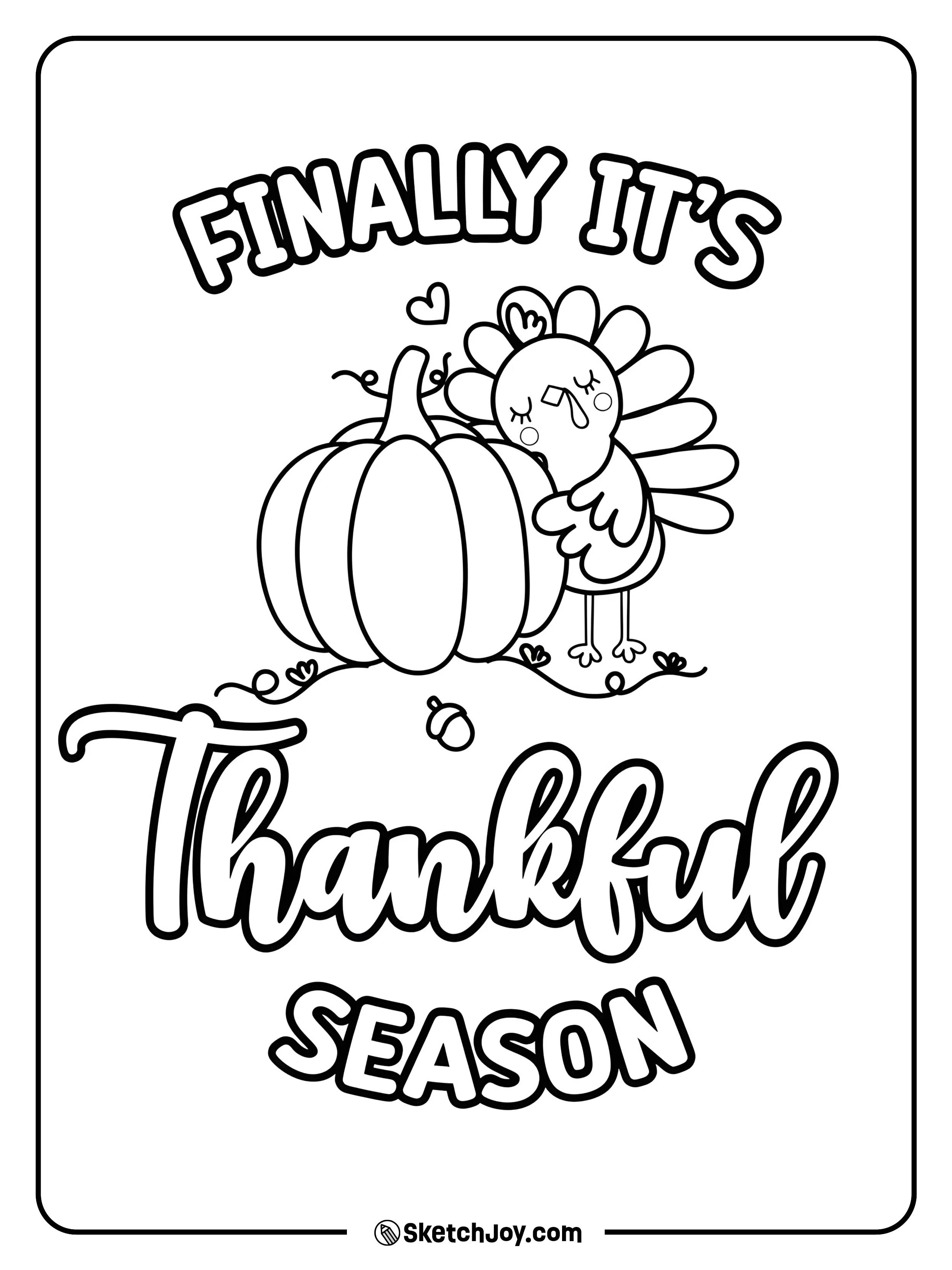 A cute turkey hugs a big pumpkin on a small hill