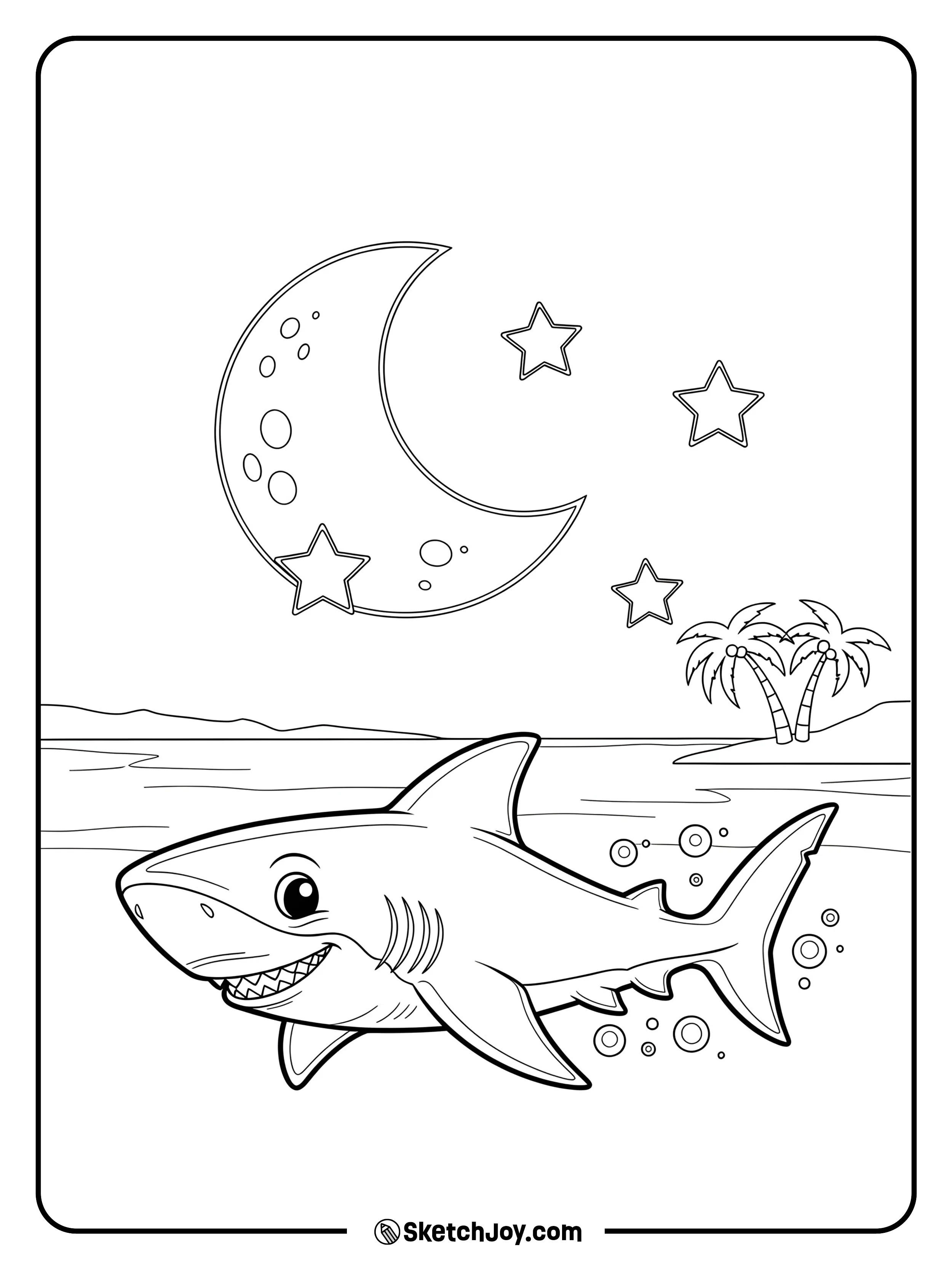 A shark glides under a moon as tiny sea