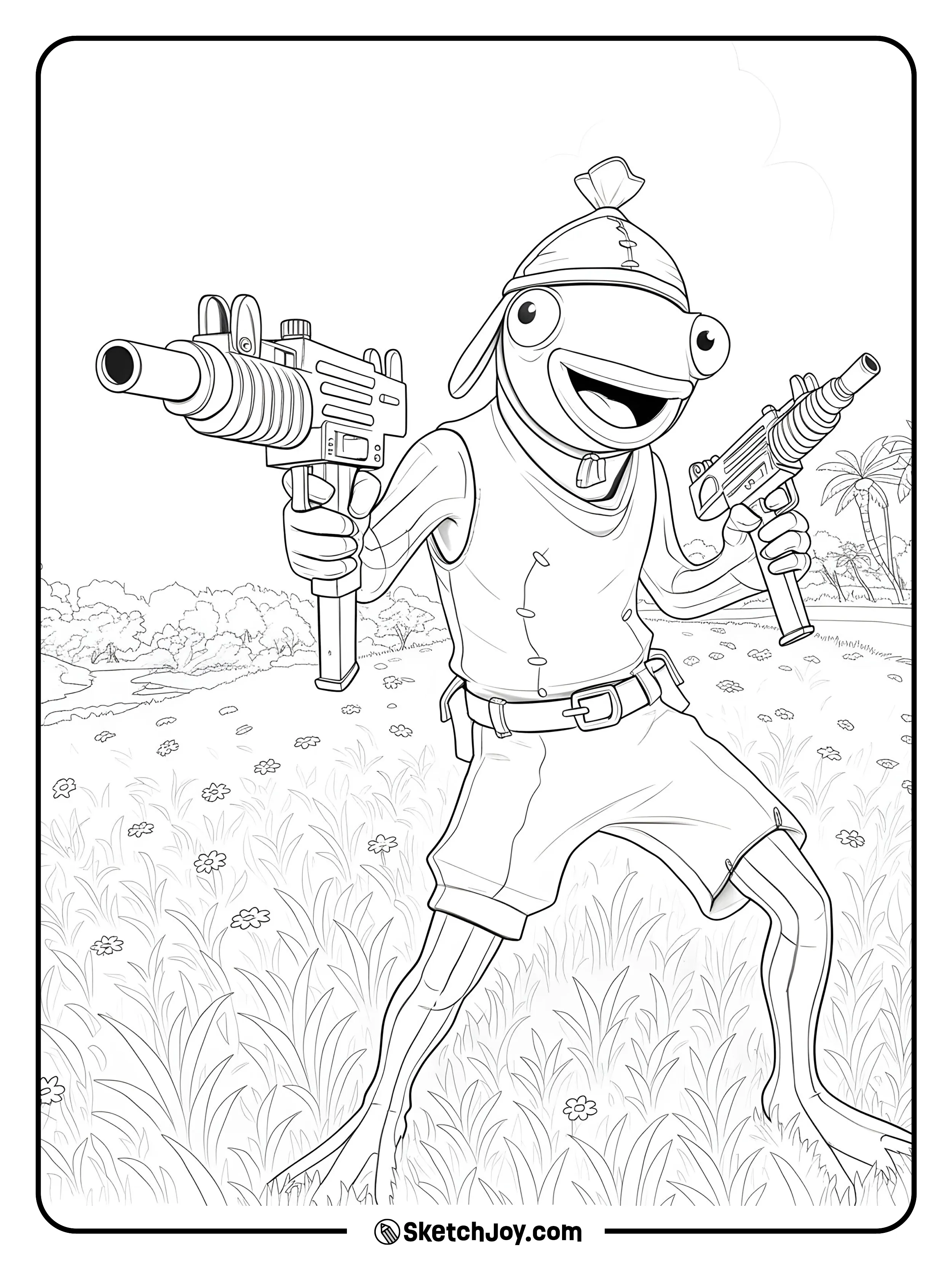 Fishstick stands joyfully in a grassy field, ready for adventure