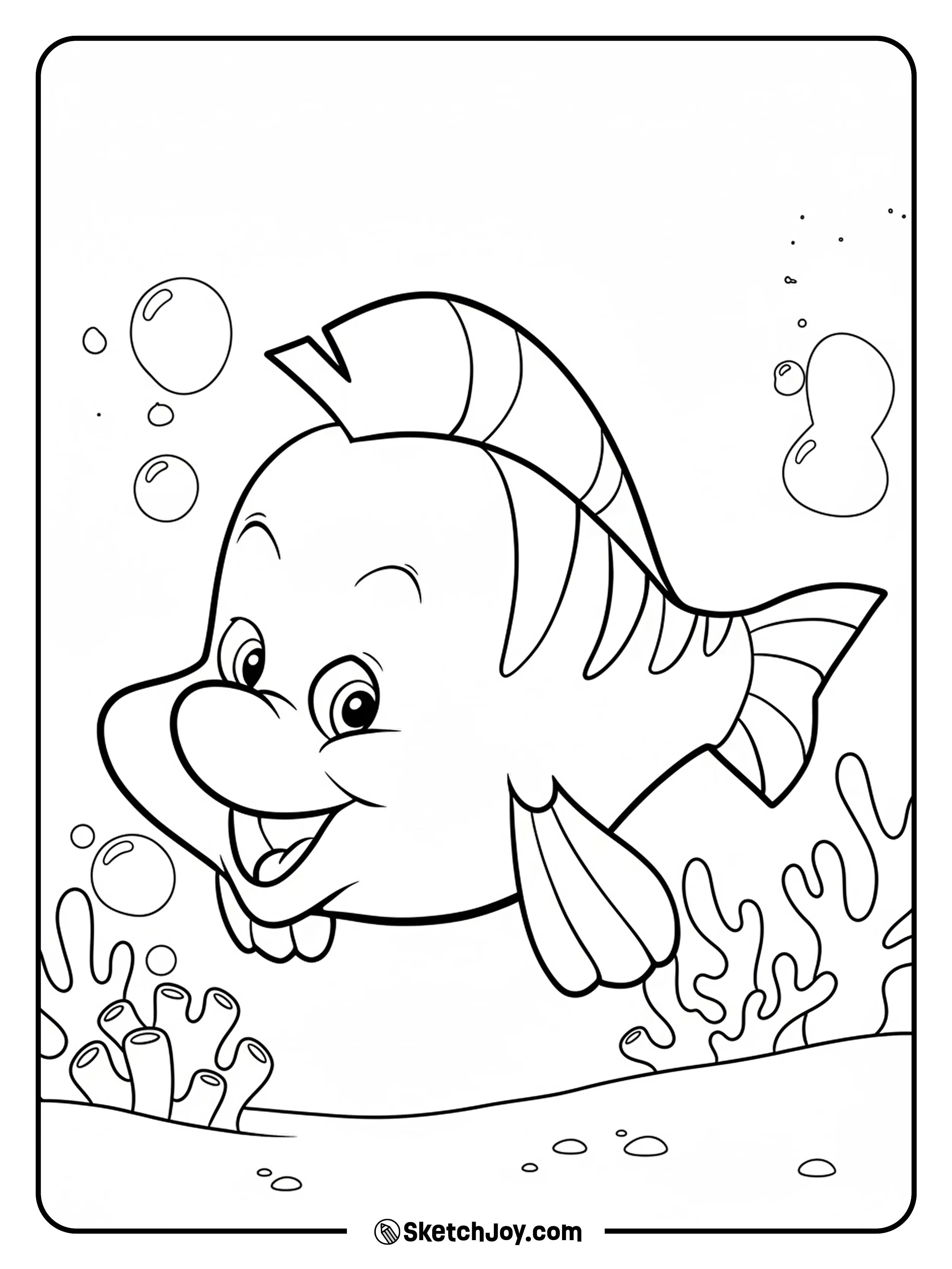 Flounder swims cheerfully with simple coral and bubbles.