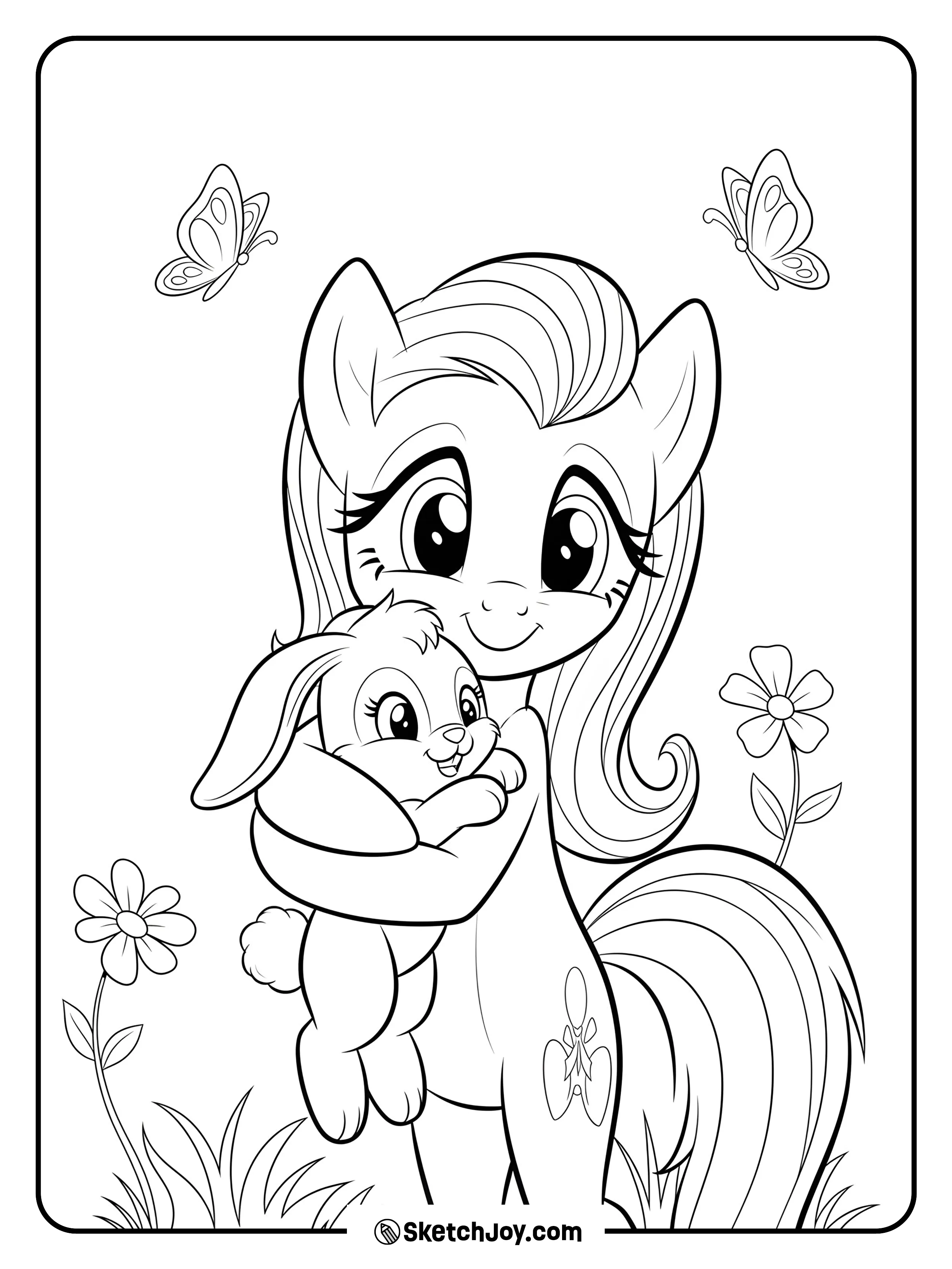 Fluttershy gently cuddles a little bunny.
