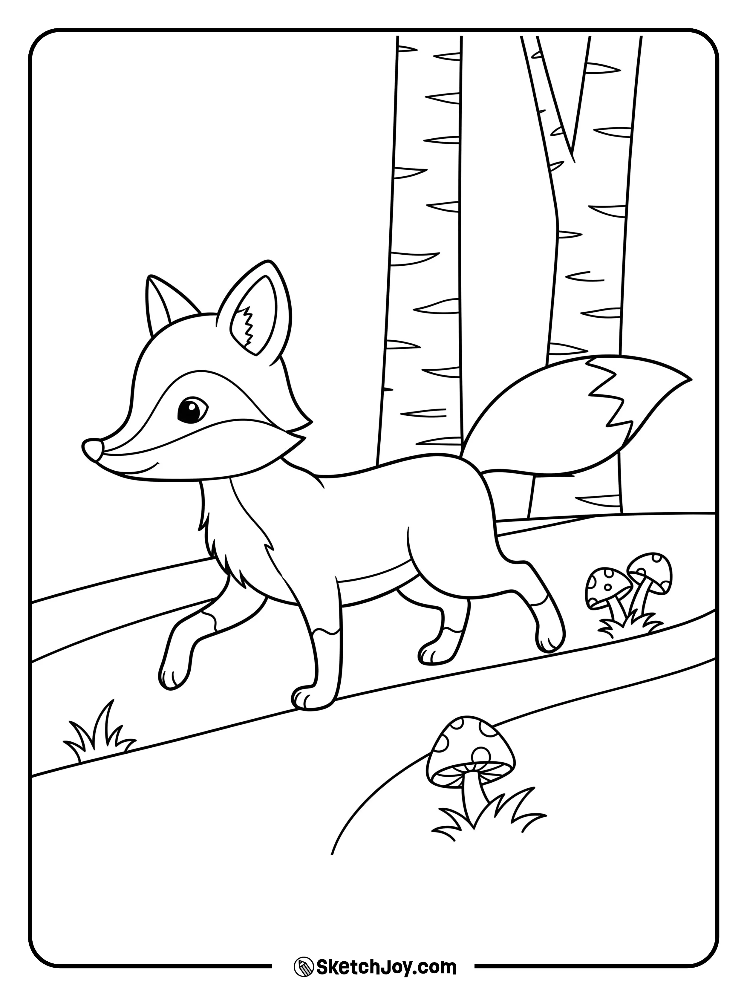 A curious fox strolling through a quiet grove.