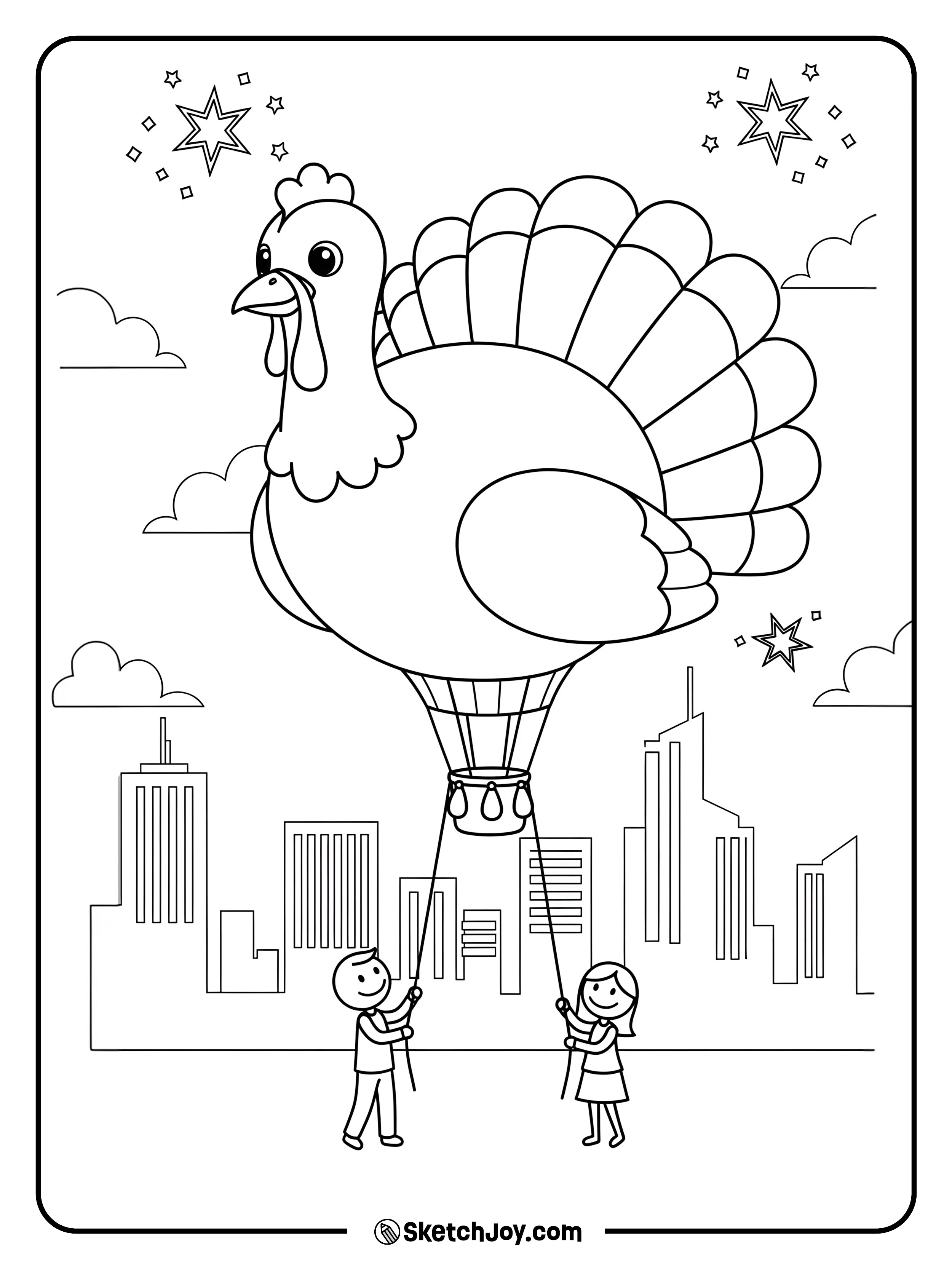 A giant balloon shaped like a turkey floating low.
