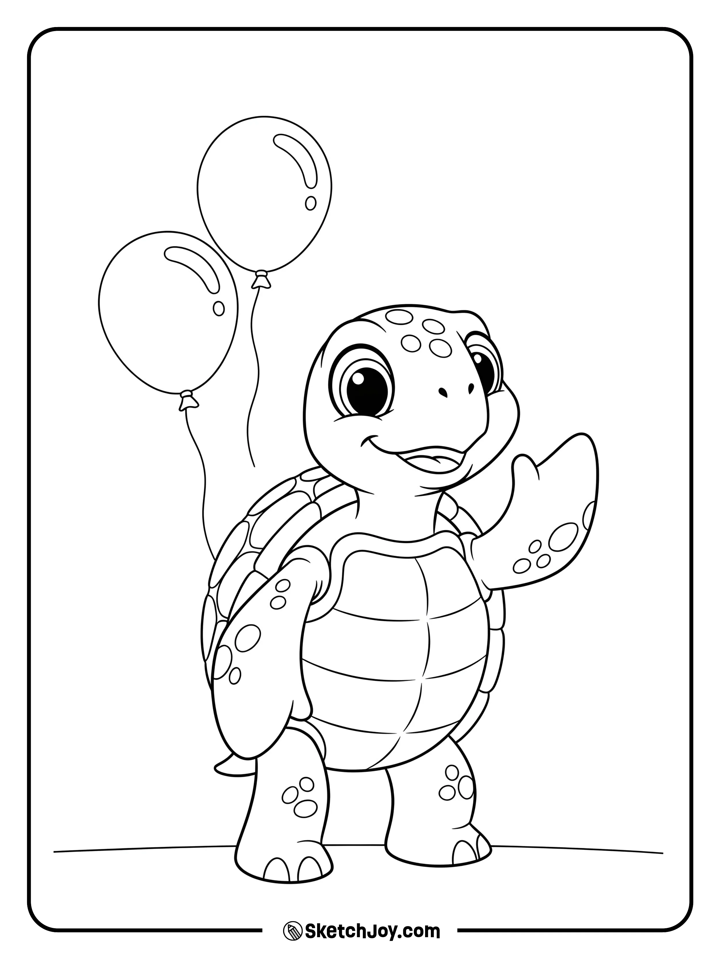 A smiling turtle stands upright and waves hello.