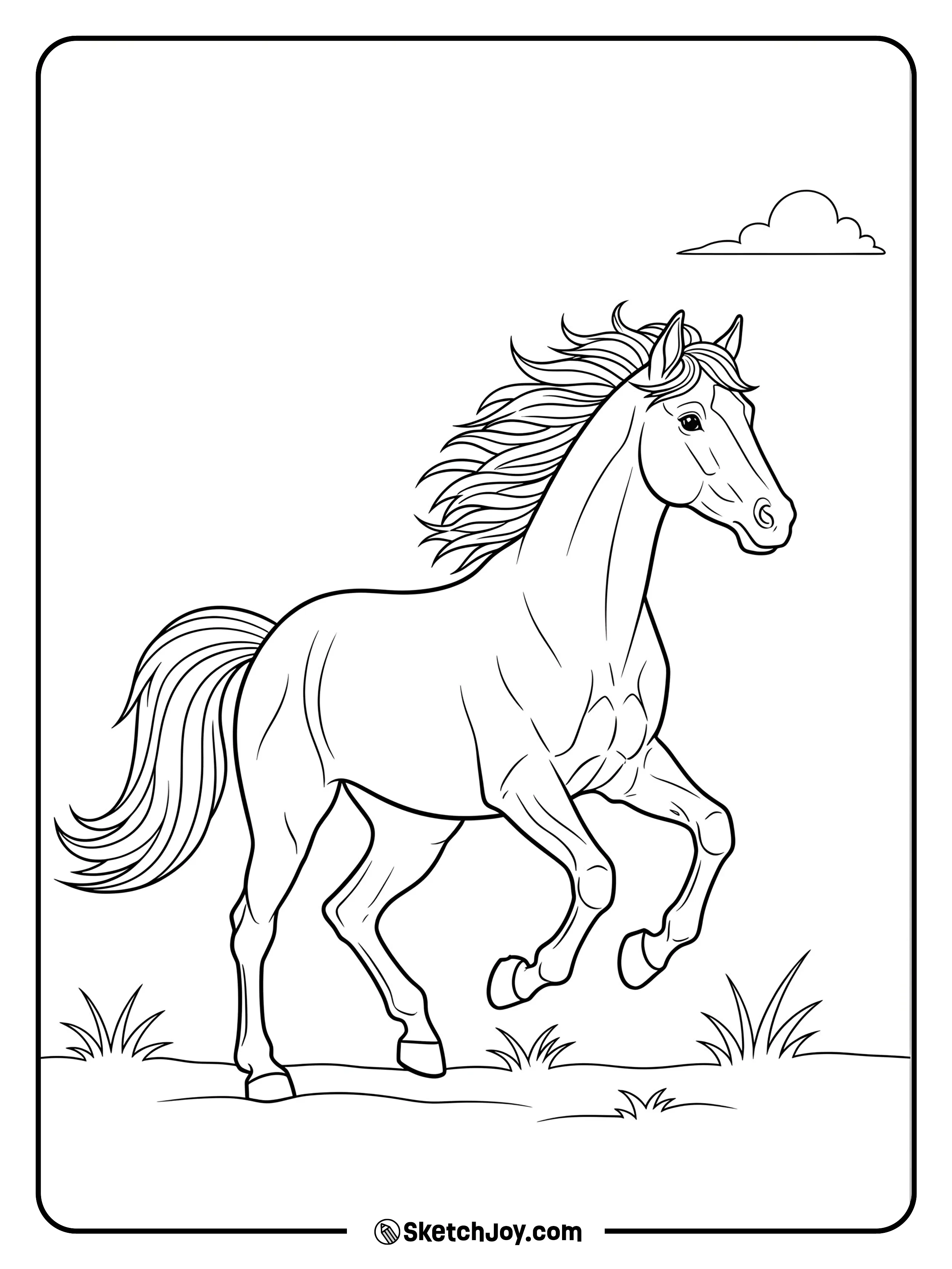 A graceful horse sprinting across soft grass.