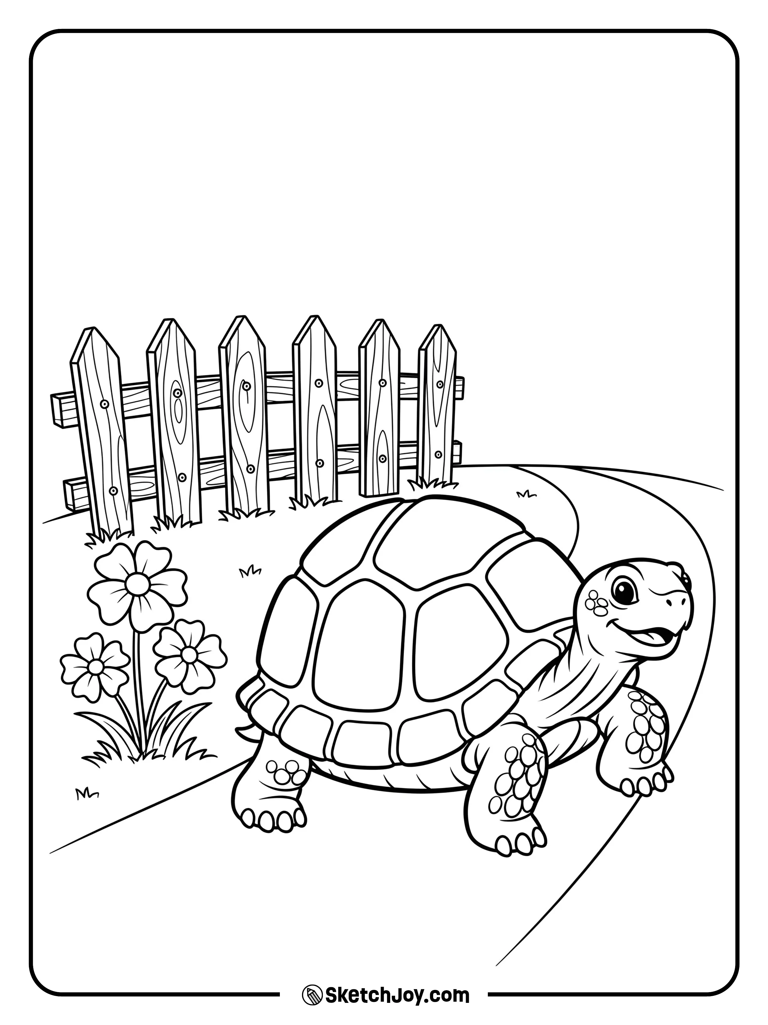 A friendly tortoise wanders a sunny garden path.