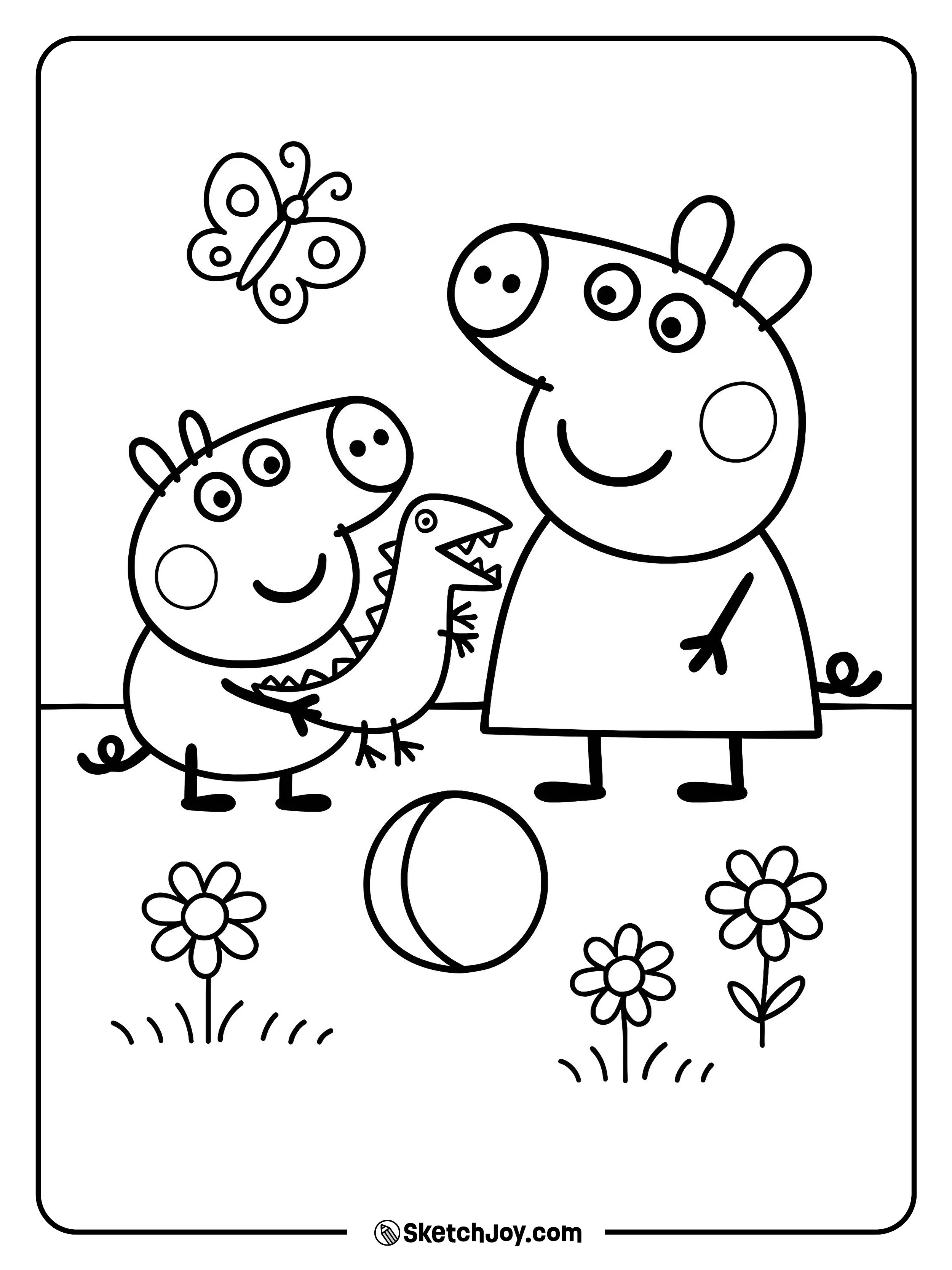 George shows off his beloved toy dinosaur in the yard while Peppa claps.