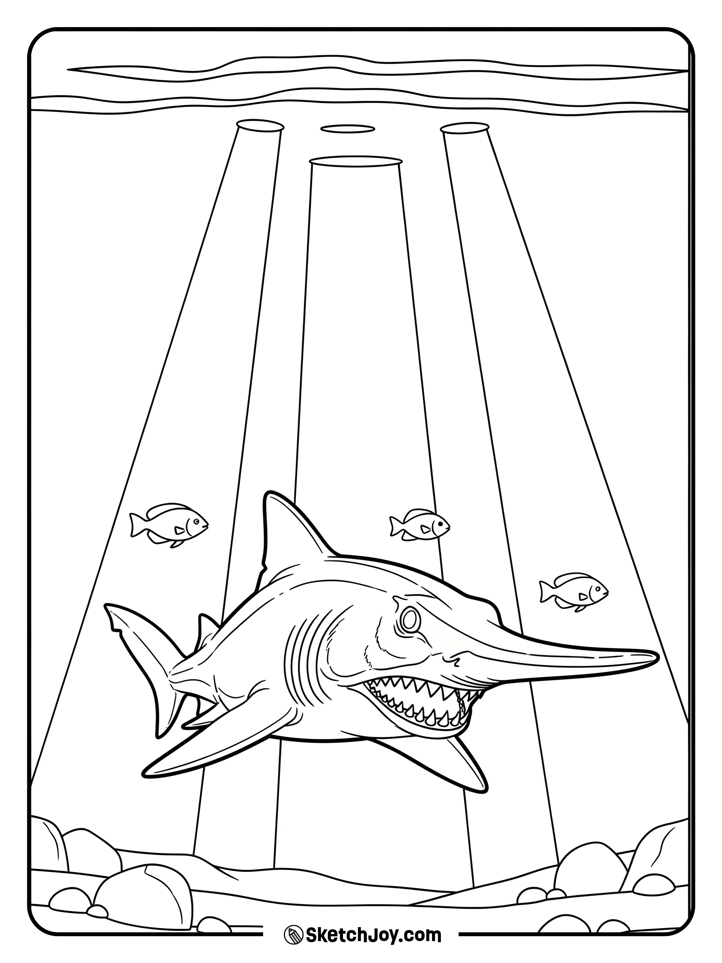 A goblin shark emerges from depths.