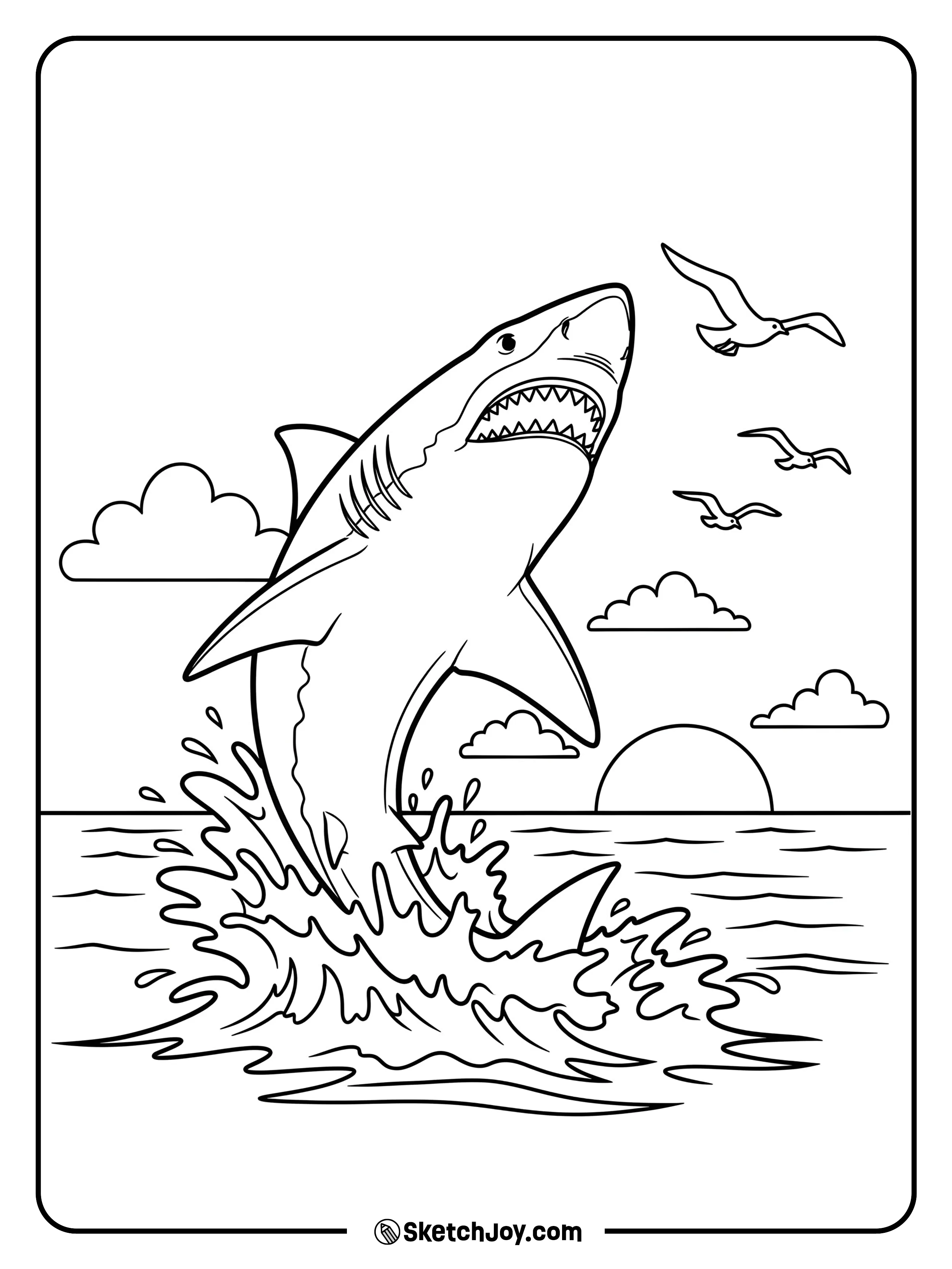 A powerful great white bursts from the waves