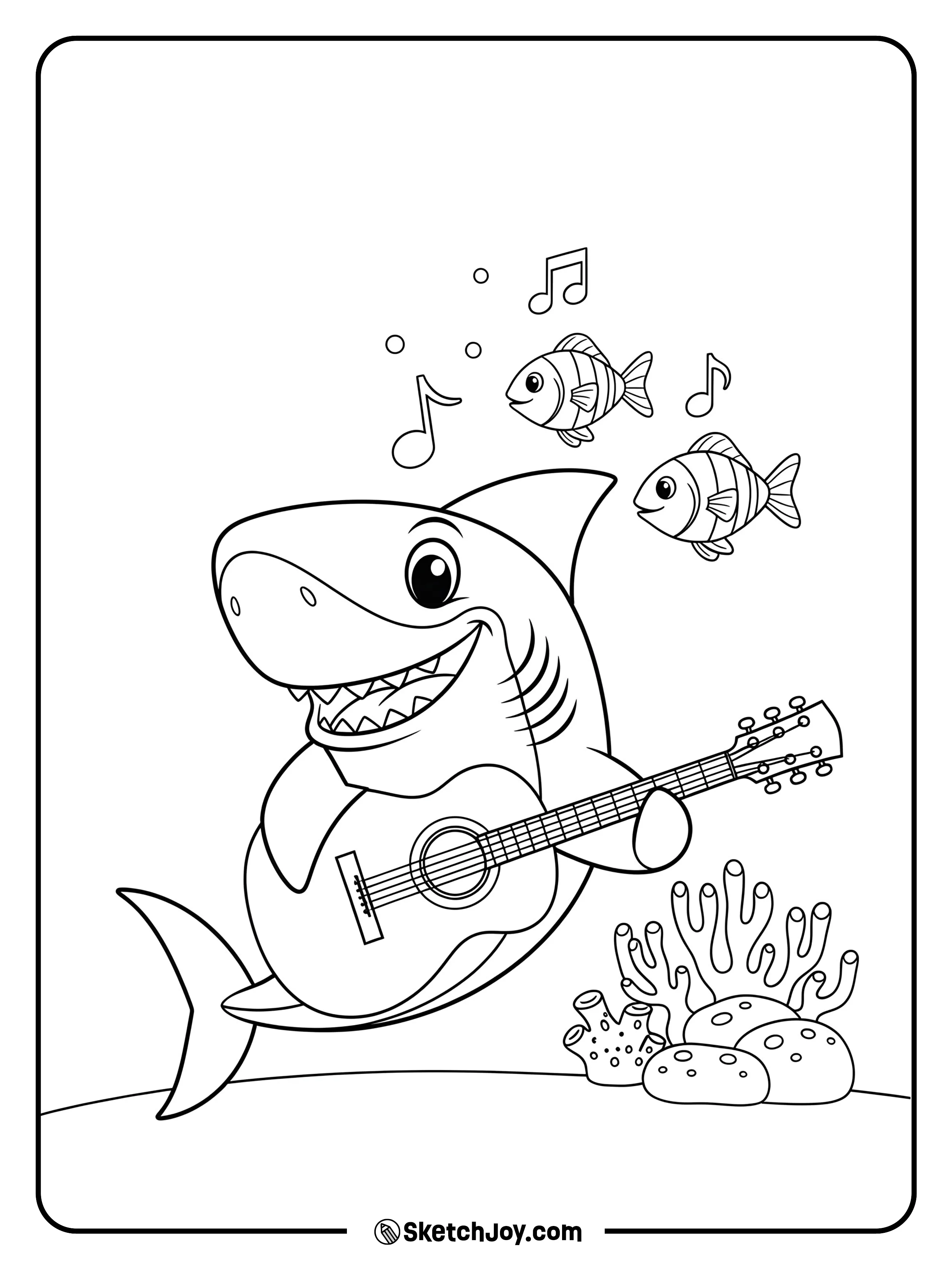 A cheerful shark strums a simple guitar as fish dance.