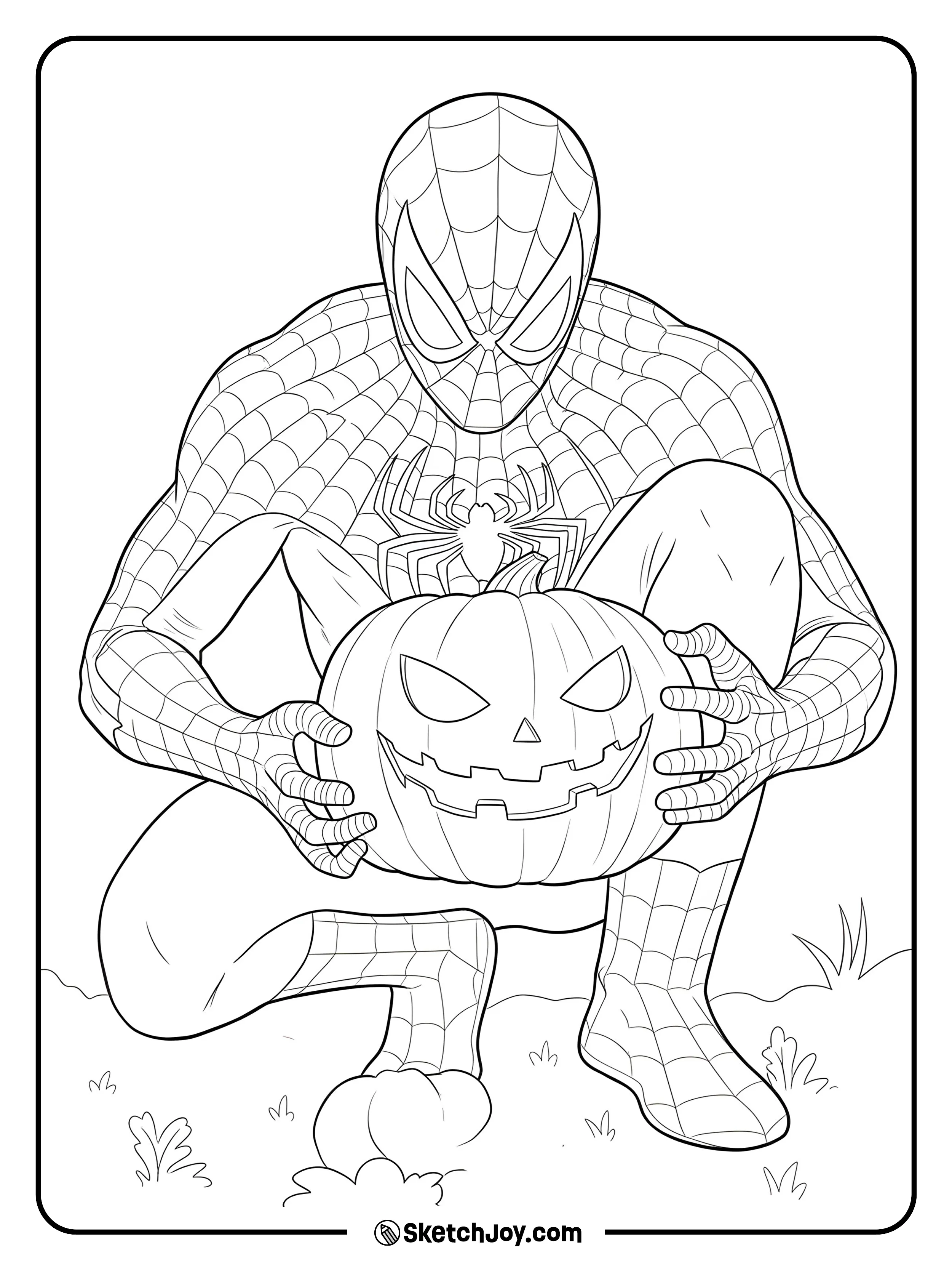 Halloween scene of Spider-Man crouching while holding a carved pumpkin