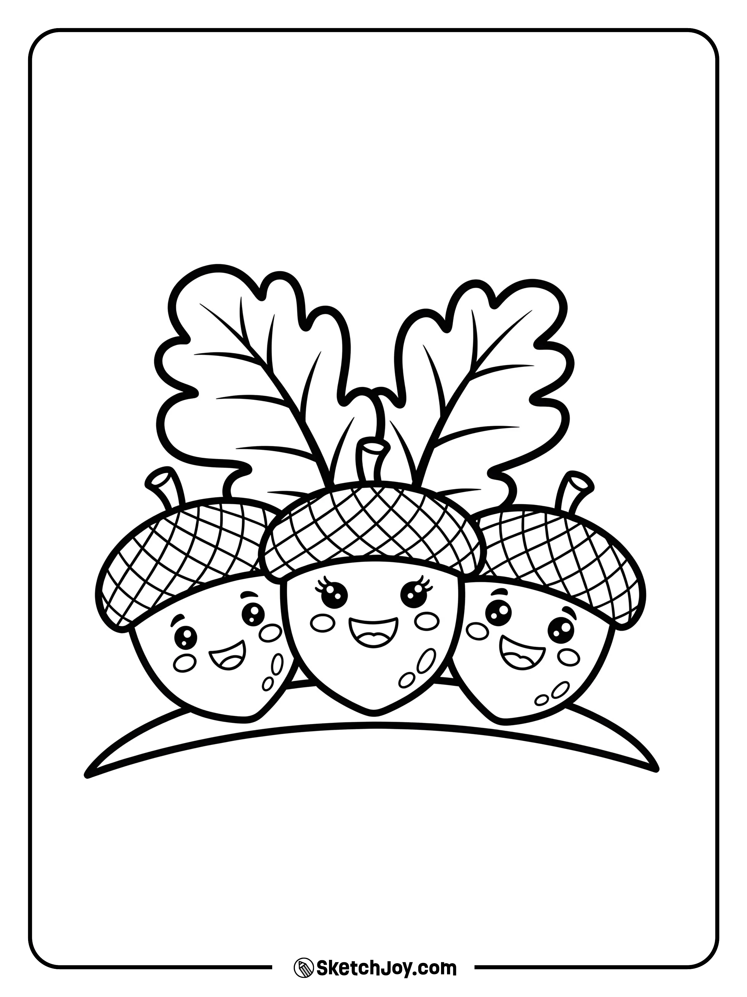 Three cute acorns with smiling faces.