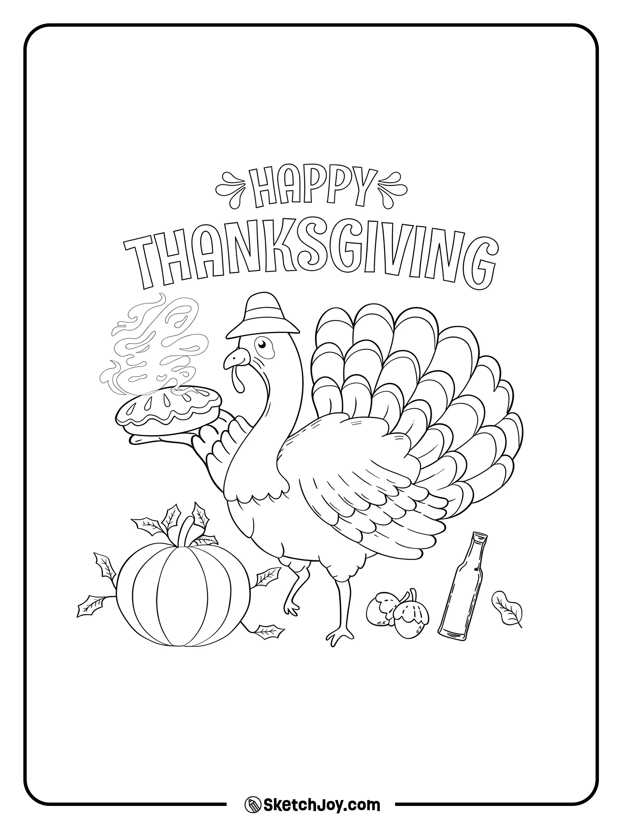 A cheerful turkey in a small hat presents a steaming pie