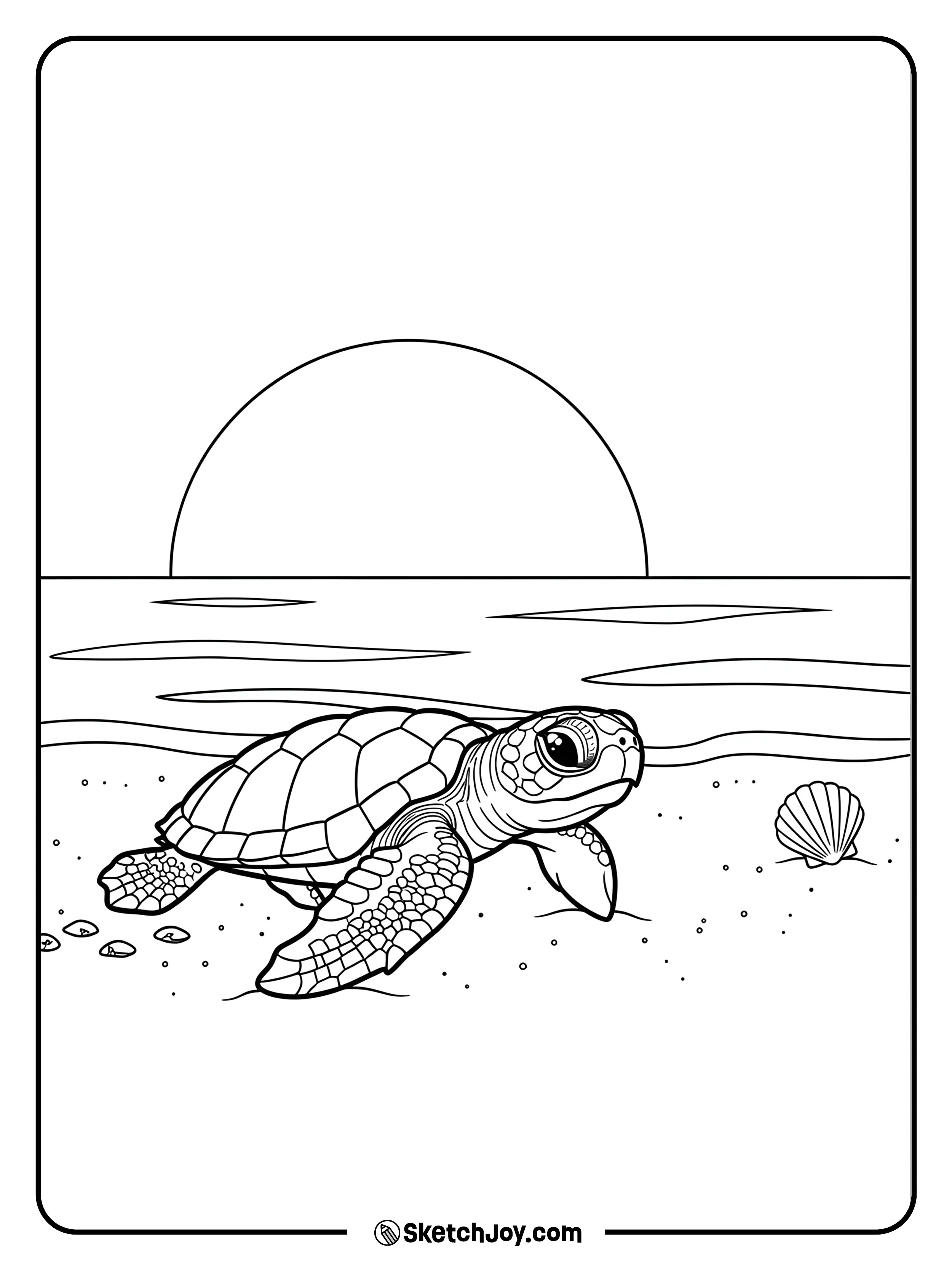 A newborn sea turtle scurries toward gentle waves at sunrise.