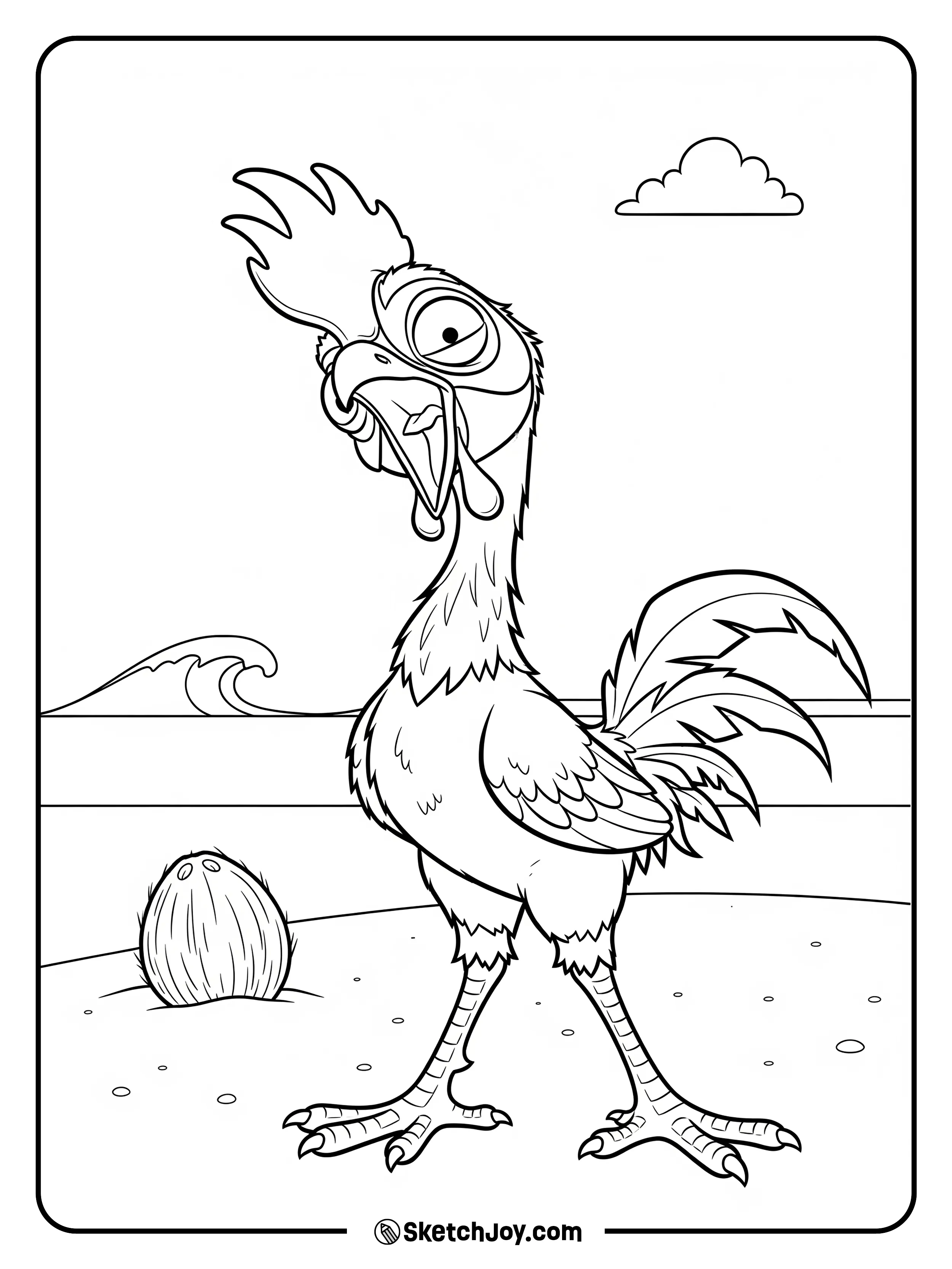 The goofy rooster wobbles on the shore.