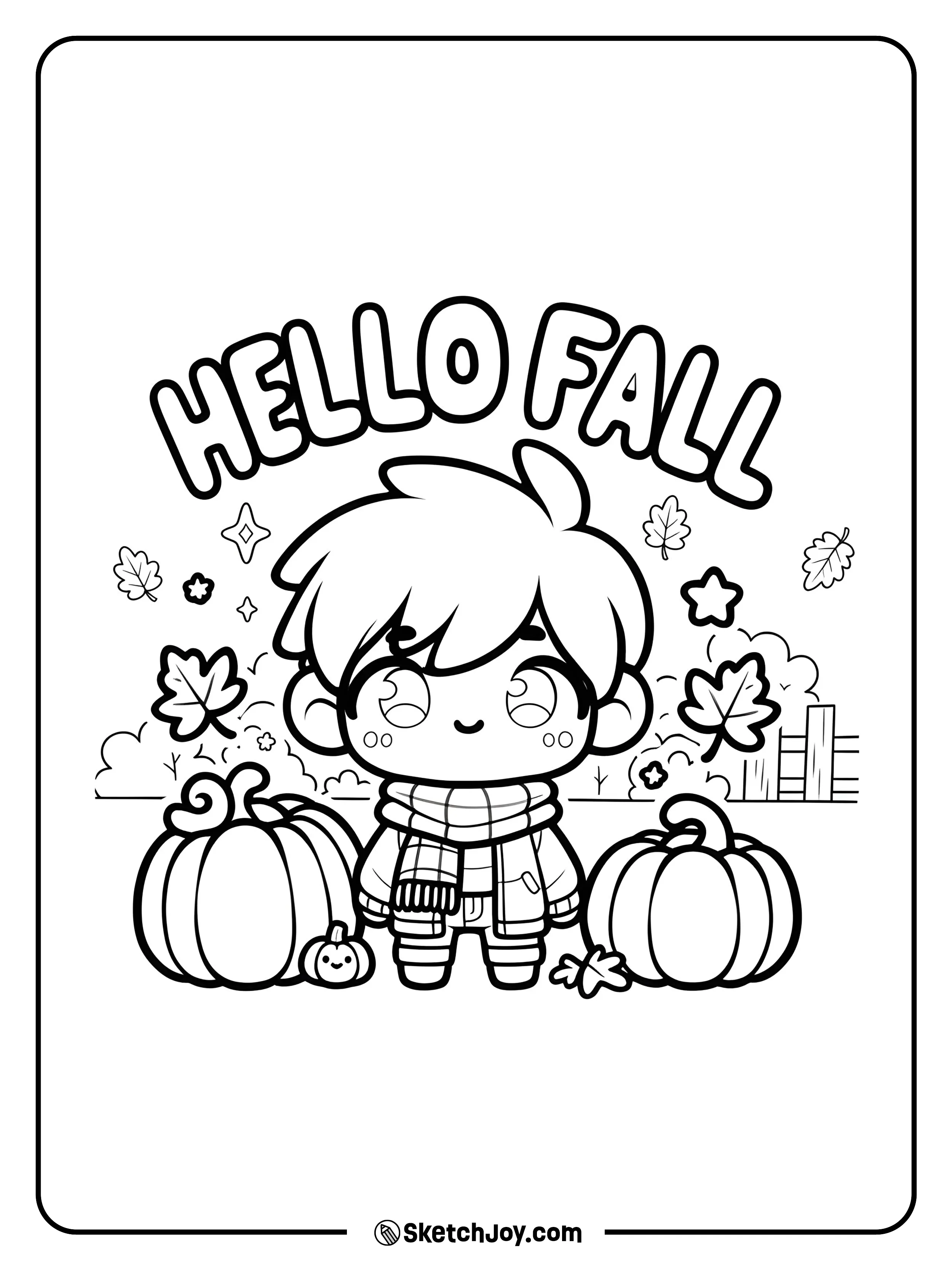 A chibi friend bundled in a scarf greets the season among pumpkins.