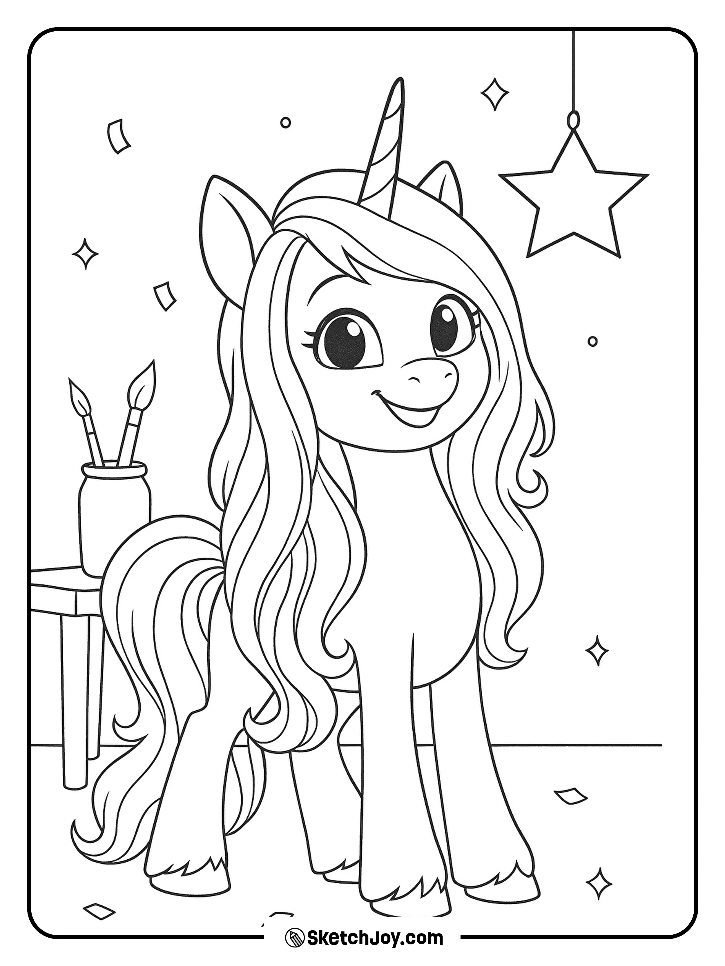 Izzy smiles in her studio beside her favorite paintbrushes and a hanging star.