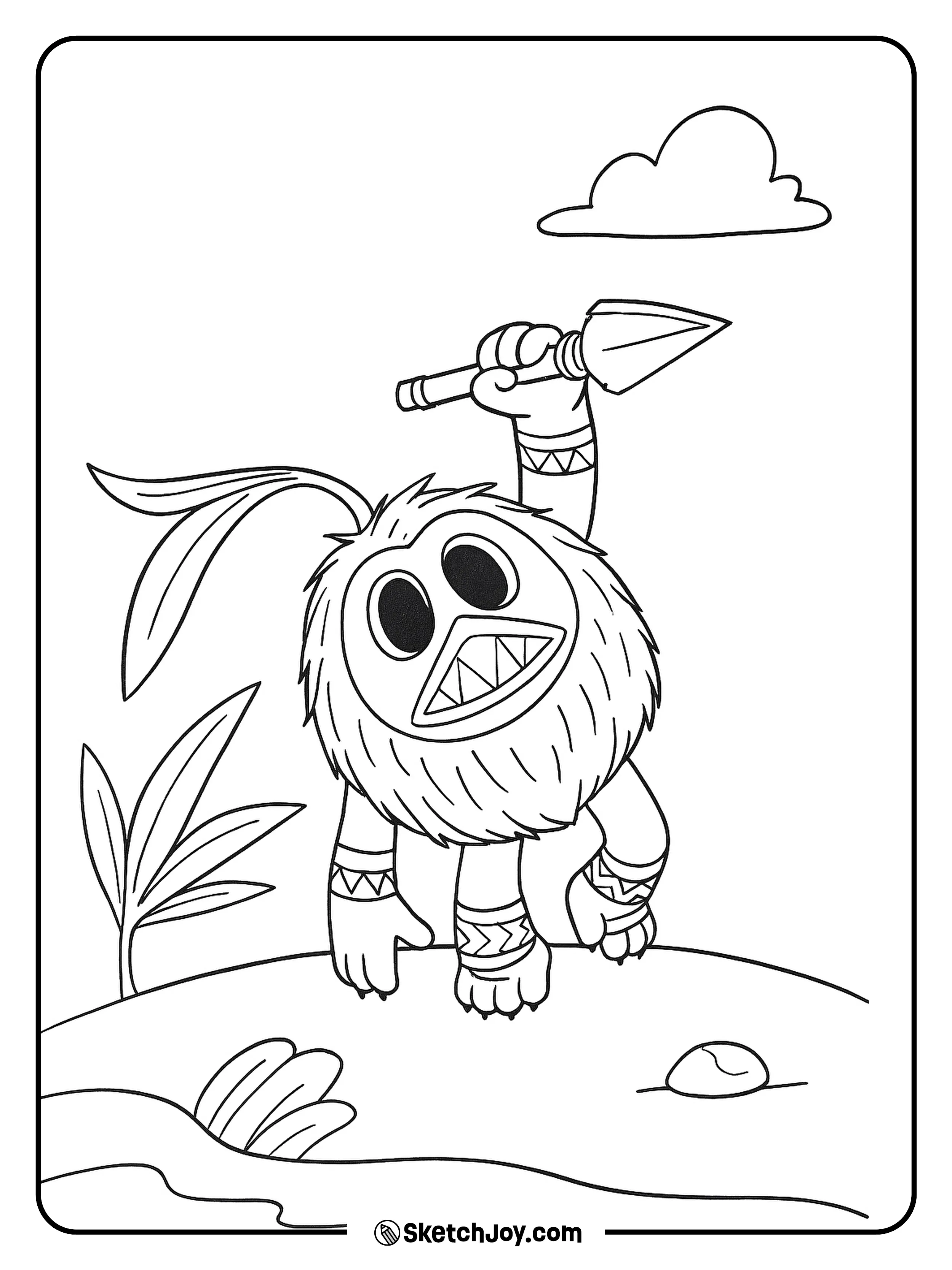 A cute coconut-armored Kakamora raises its spear on a small sandy island