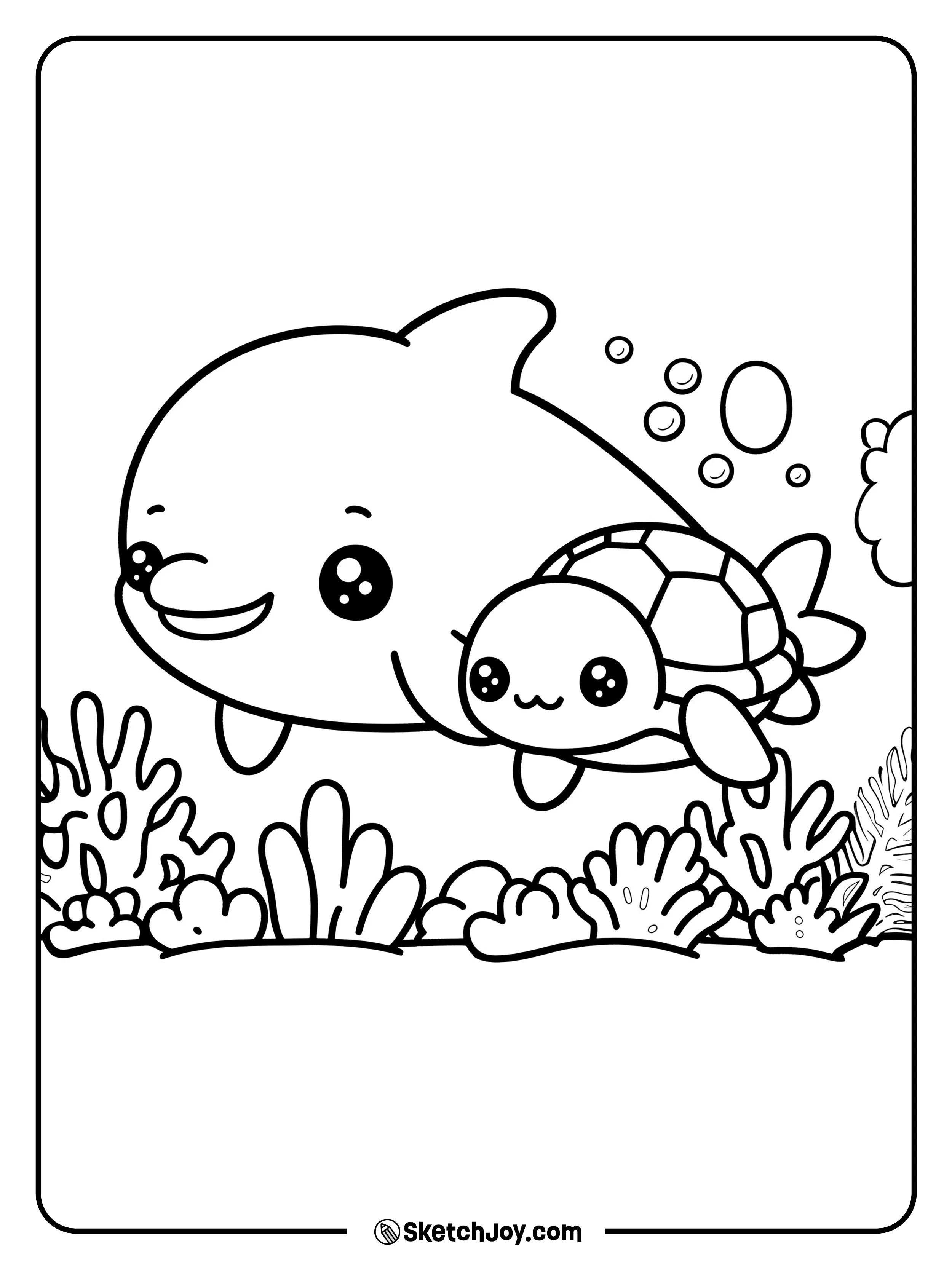 A cute baby turtle swims beside a smiling dolphin