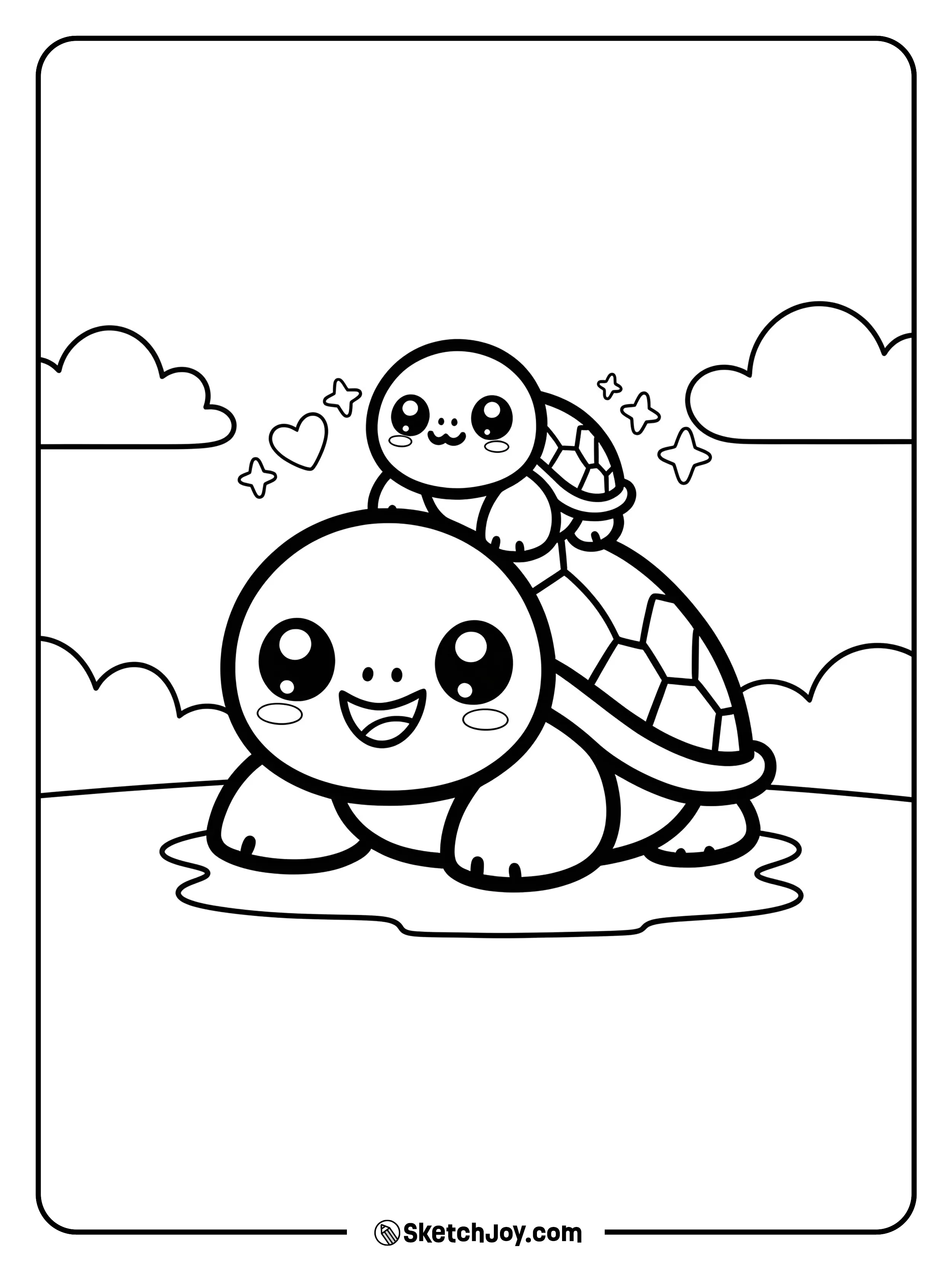 A tiny turtle rides on a big, smiling turtle