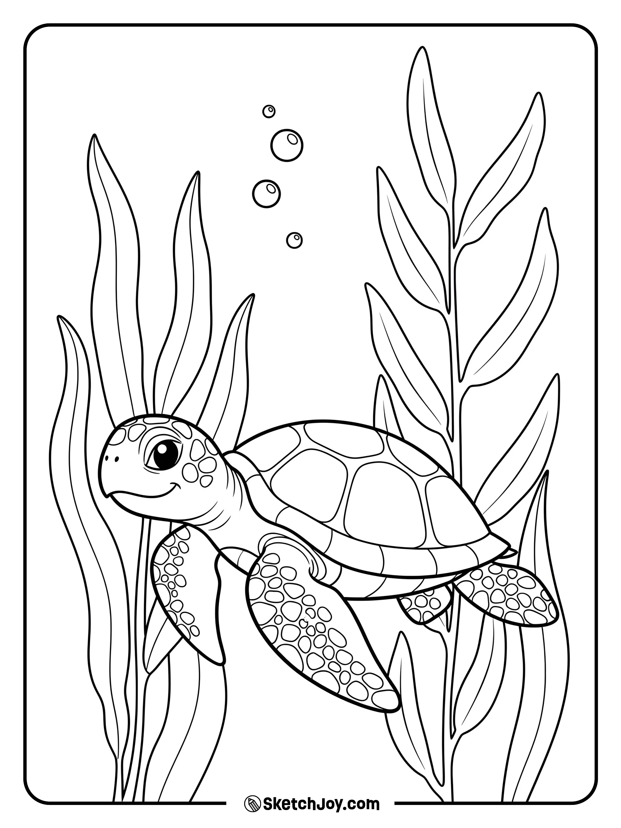 A sea turtle swims through tall, ribbon-like kelp.