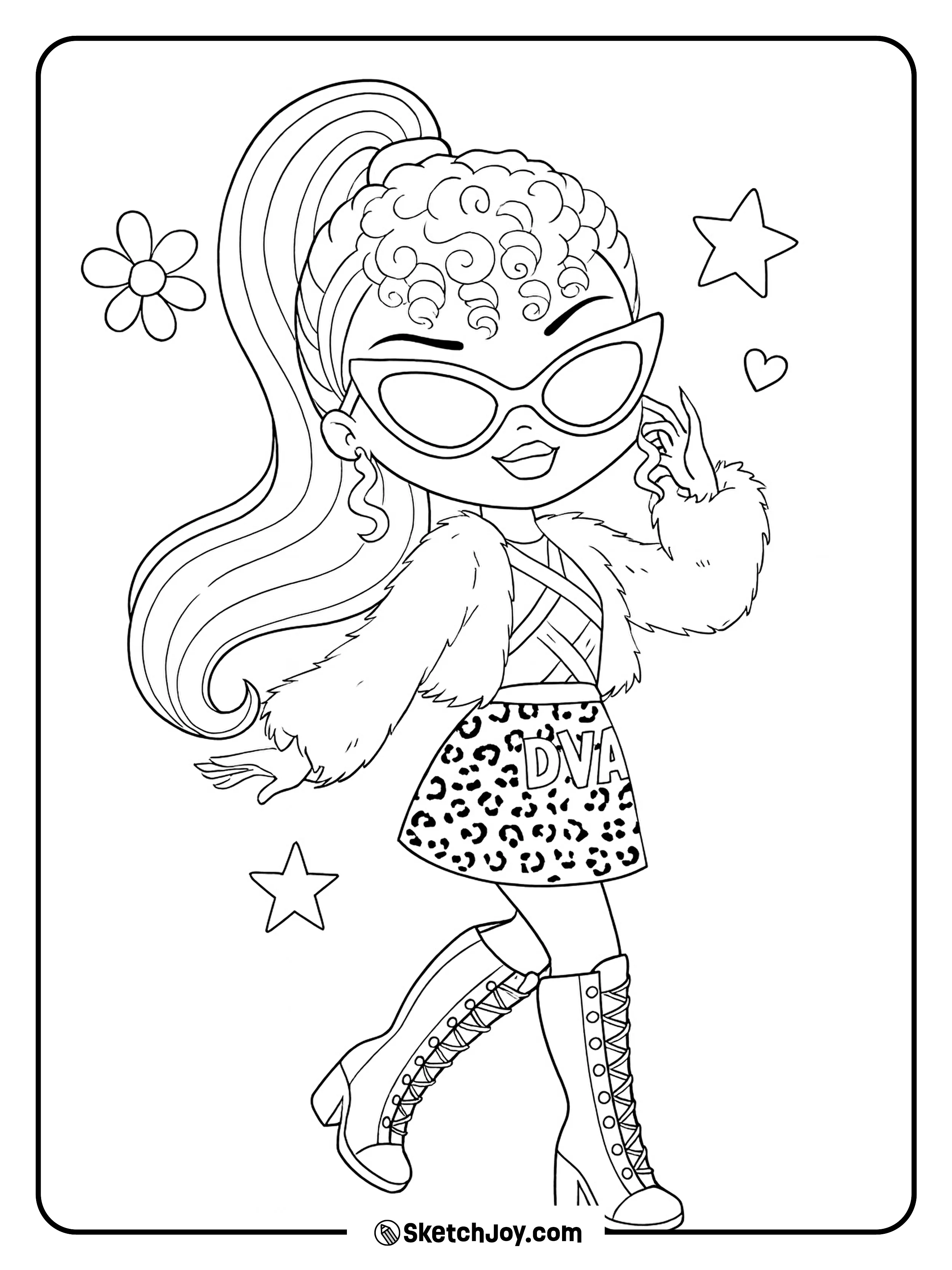 Lady Diva spins with a high ponytail and cat-eye shades.