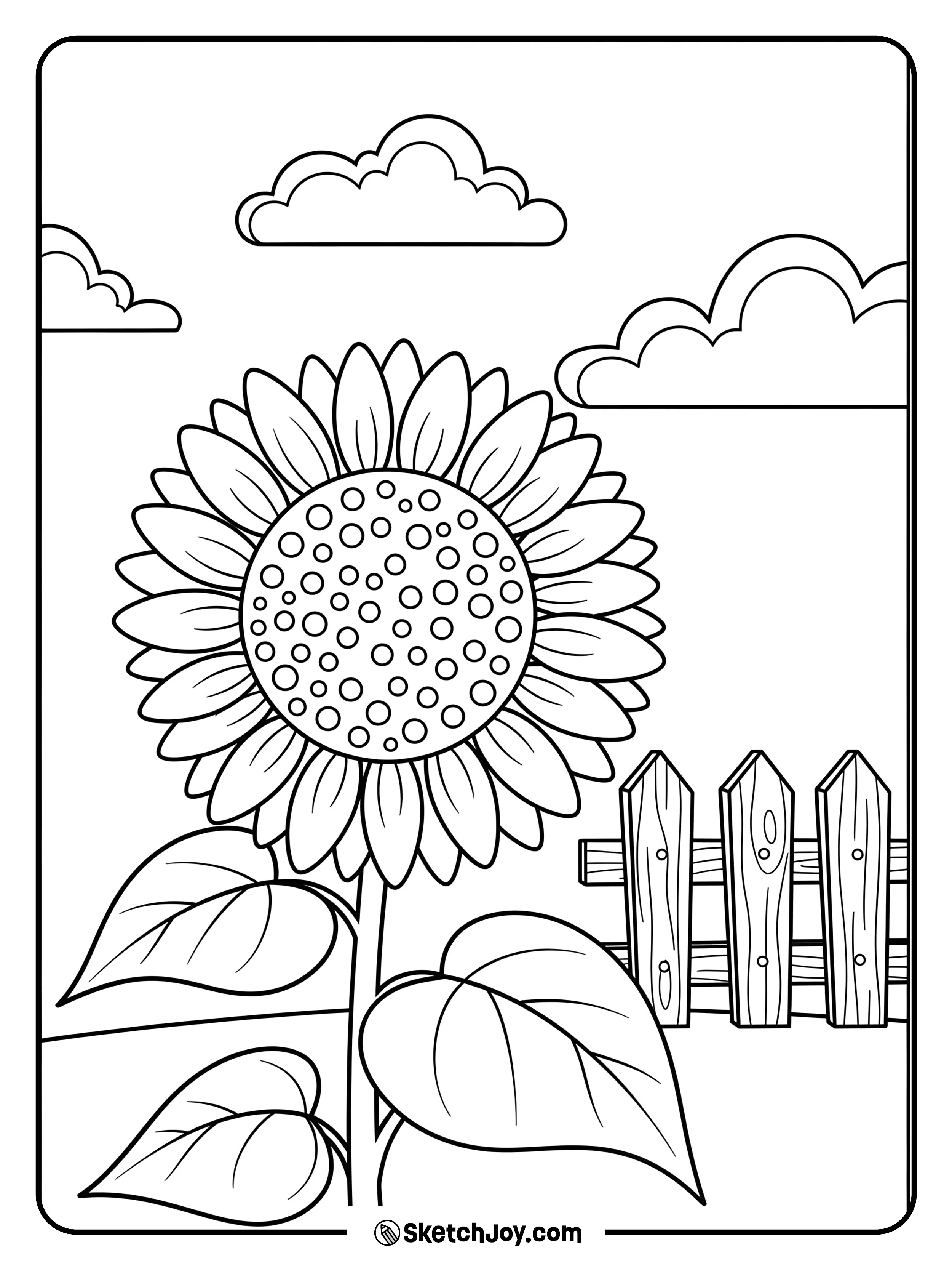 A tall sunflower nodding over a garden fence.