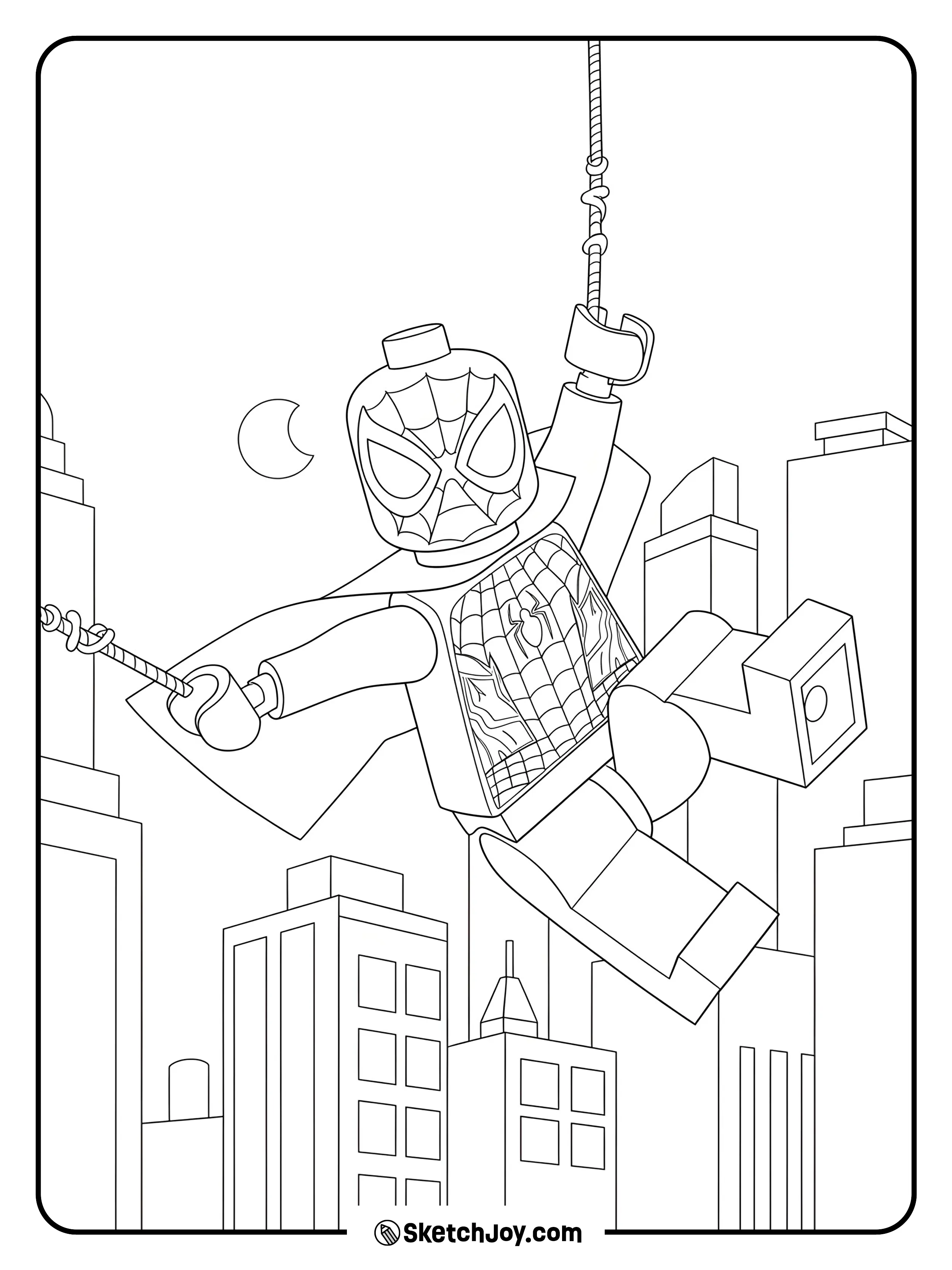 LEGO Spider-Man swinging between city buildings under the moonlight.