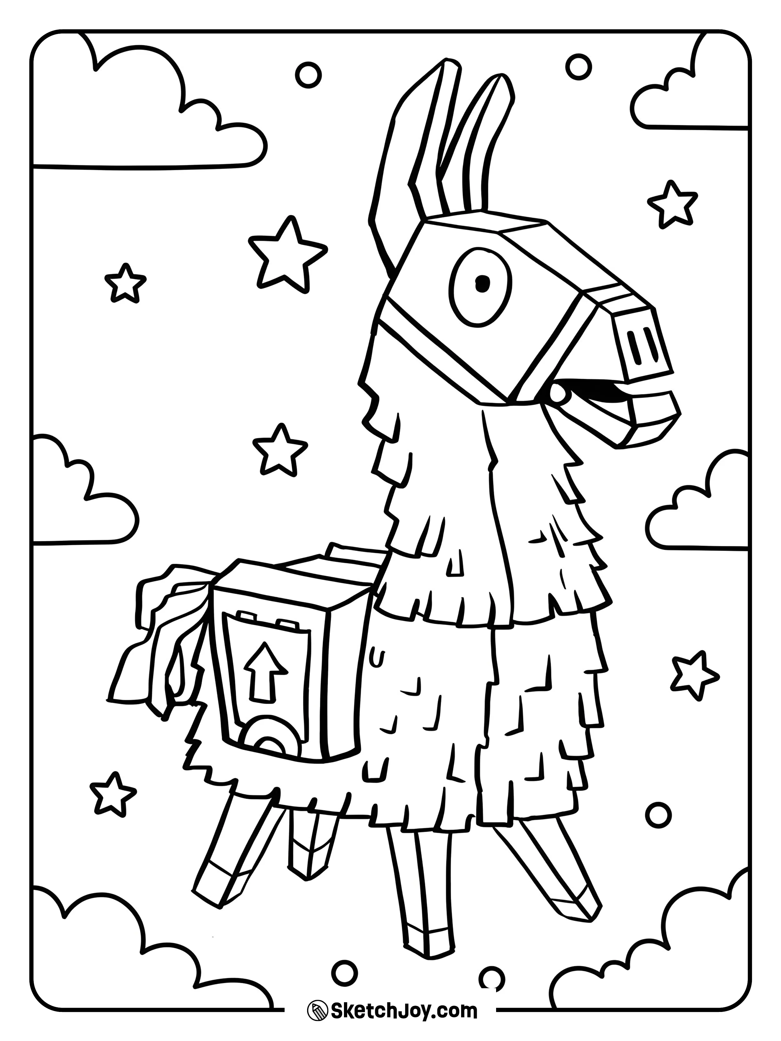 The cheerful supply llama floats among fluffy clouds