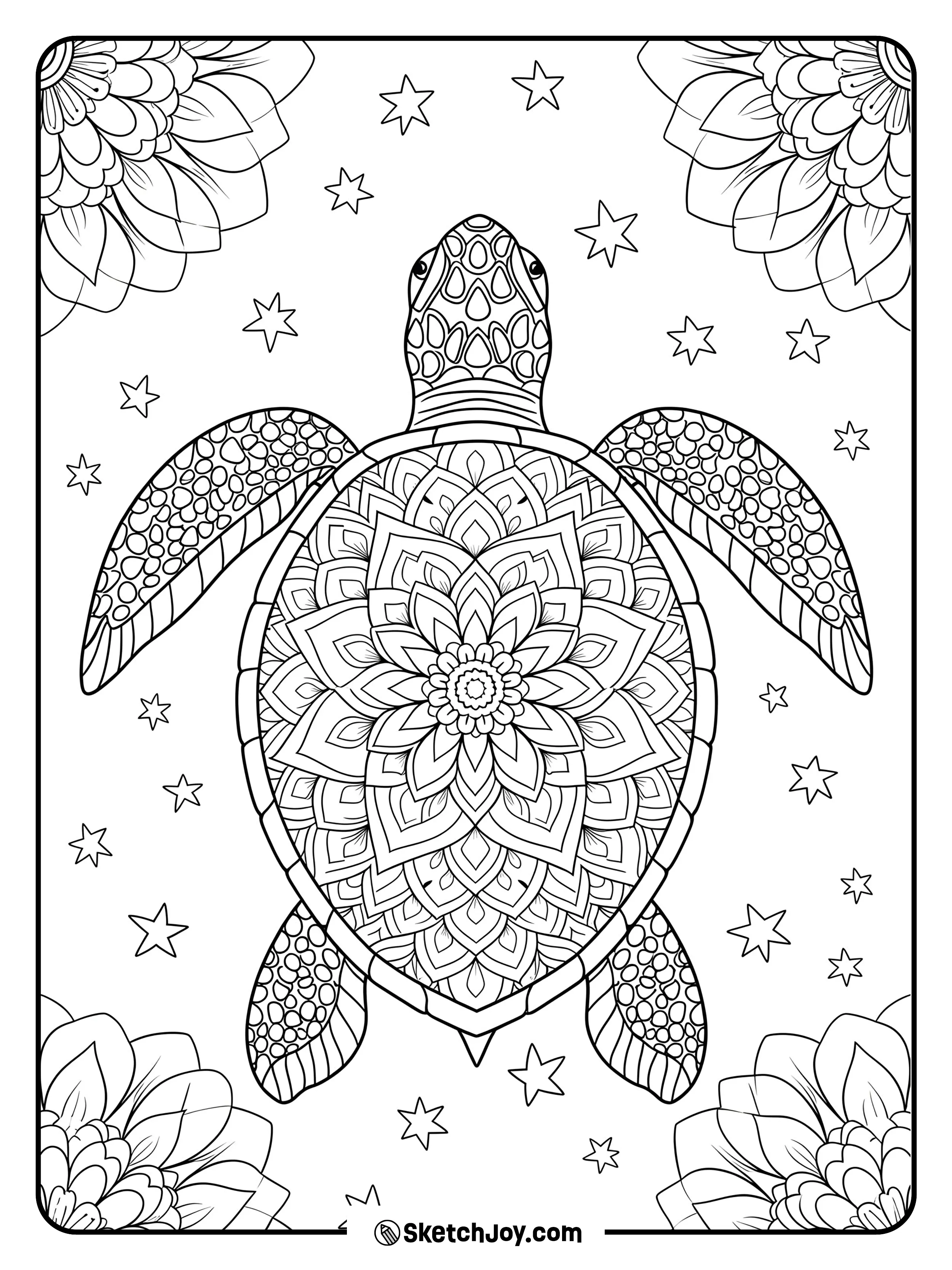 A top-view turtle with ornate shell patterns