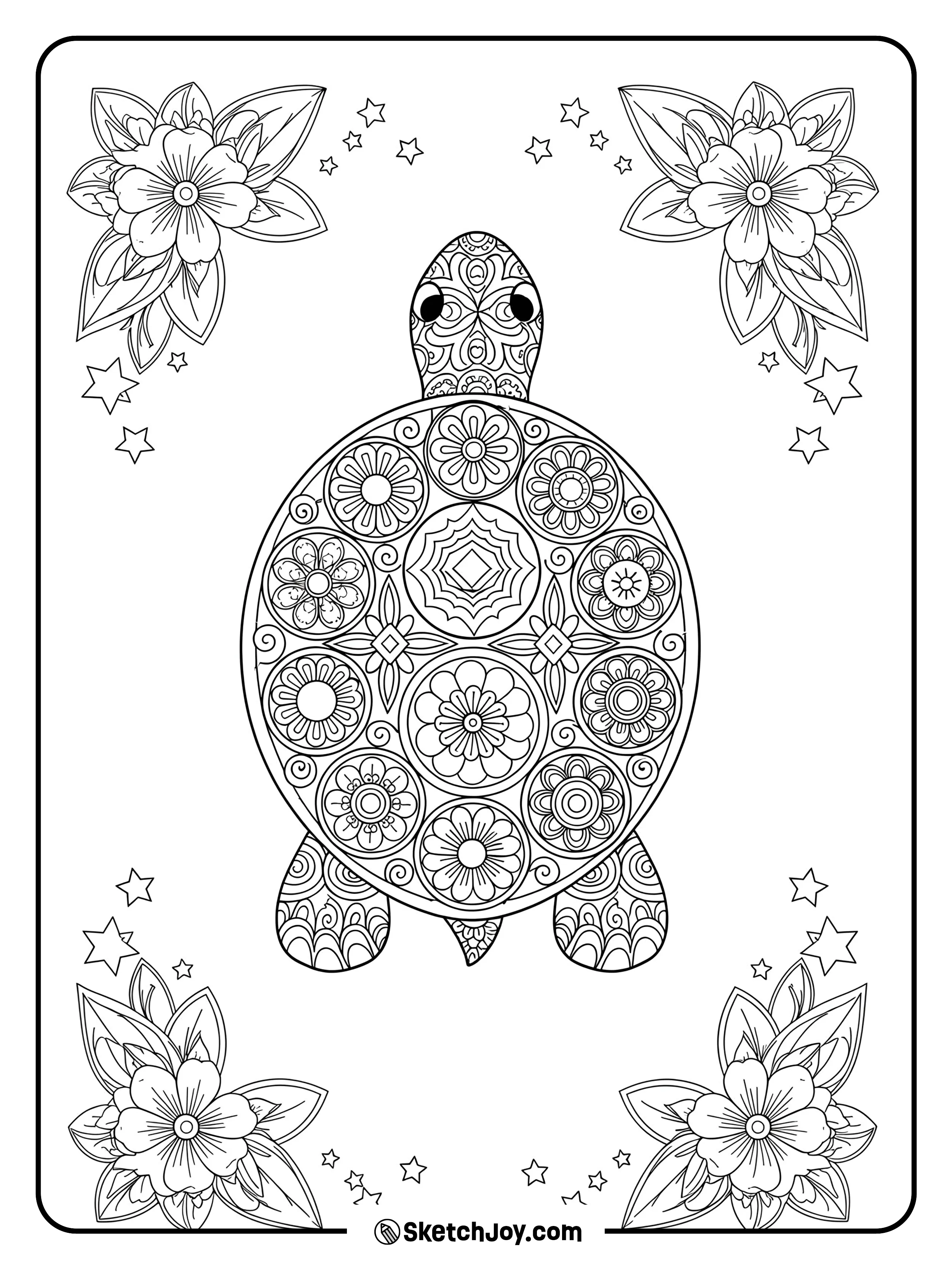 A top-view turtle shows a layered mandala shell framed by bold flowers.