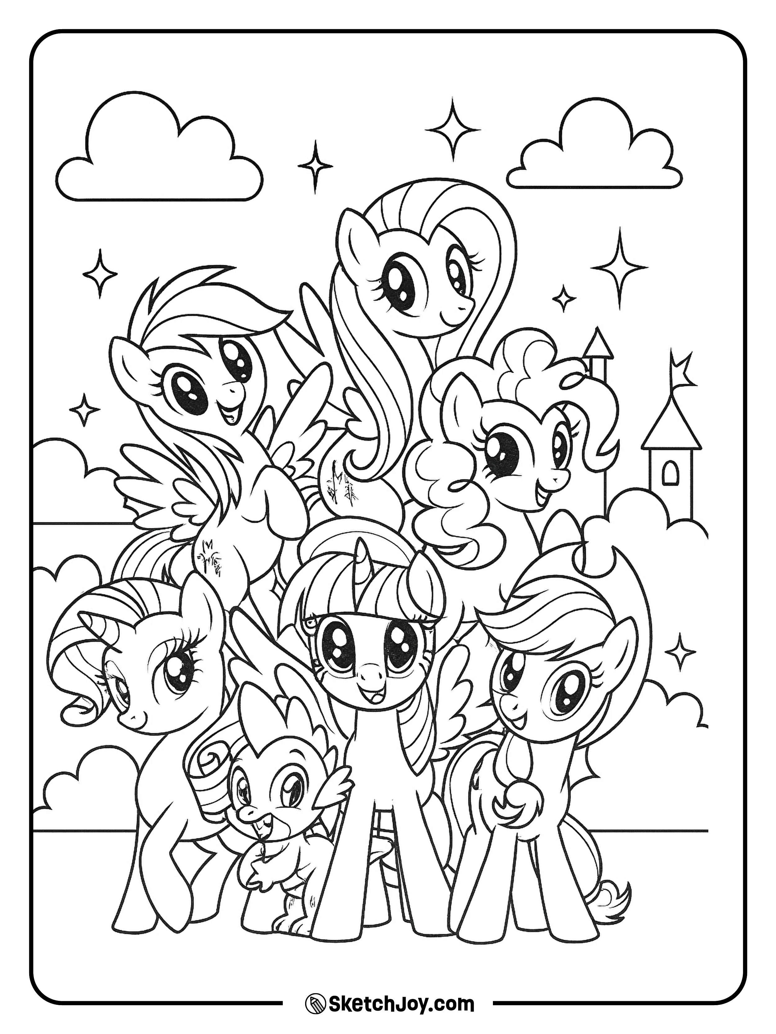 Twilight, Rainbow Dash, Fluttershy, Pinkie Pie, Rarity, Applejack, and Spike smile together