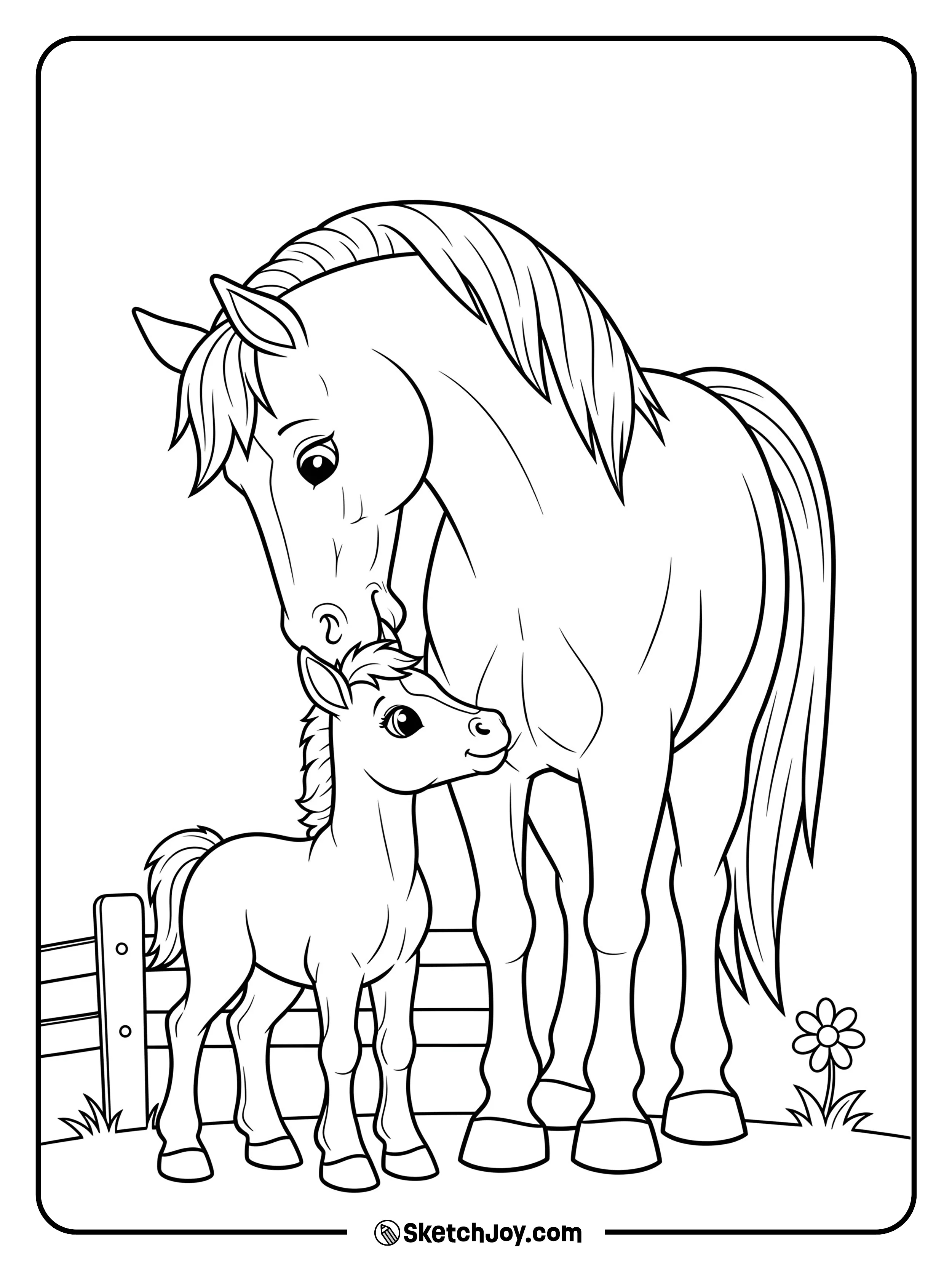 A tender moment between a mother horse and her baby.